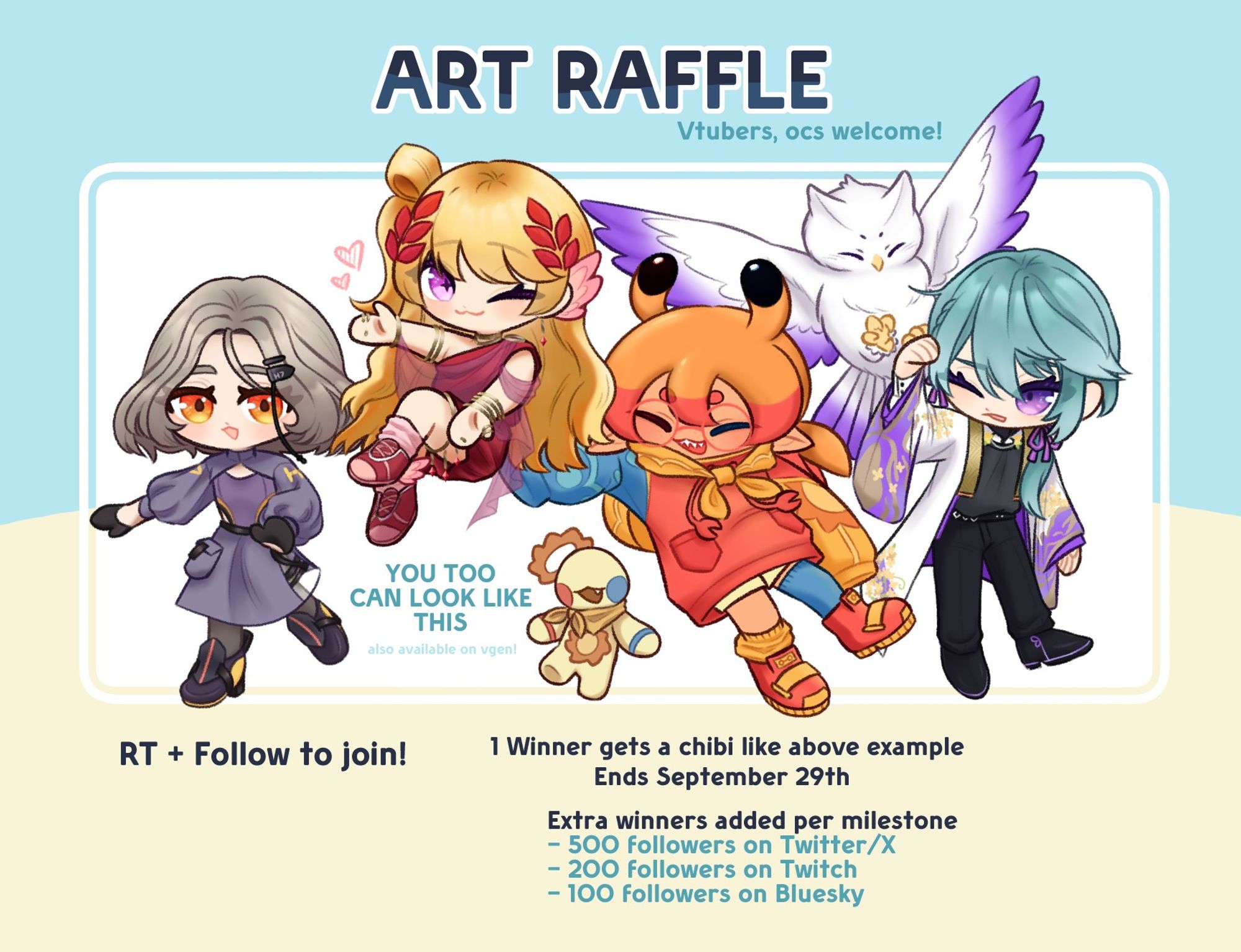 [text in image]
ART RAFFLE (vtubers, ocs welcome!)

RT + Follow to join! 1 winner gets a chibi like above example
Ends Sept 29th

Extra winners added per milestone
- 500 followers on Twitter/X
- 200 followers on Twitch
- 100 followers on Bluesky