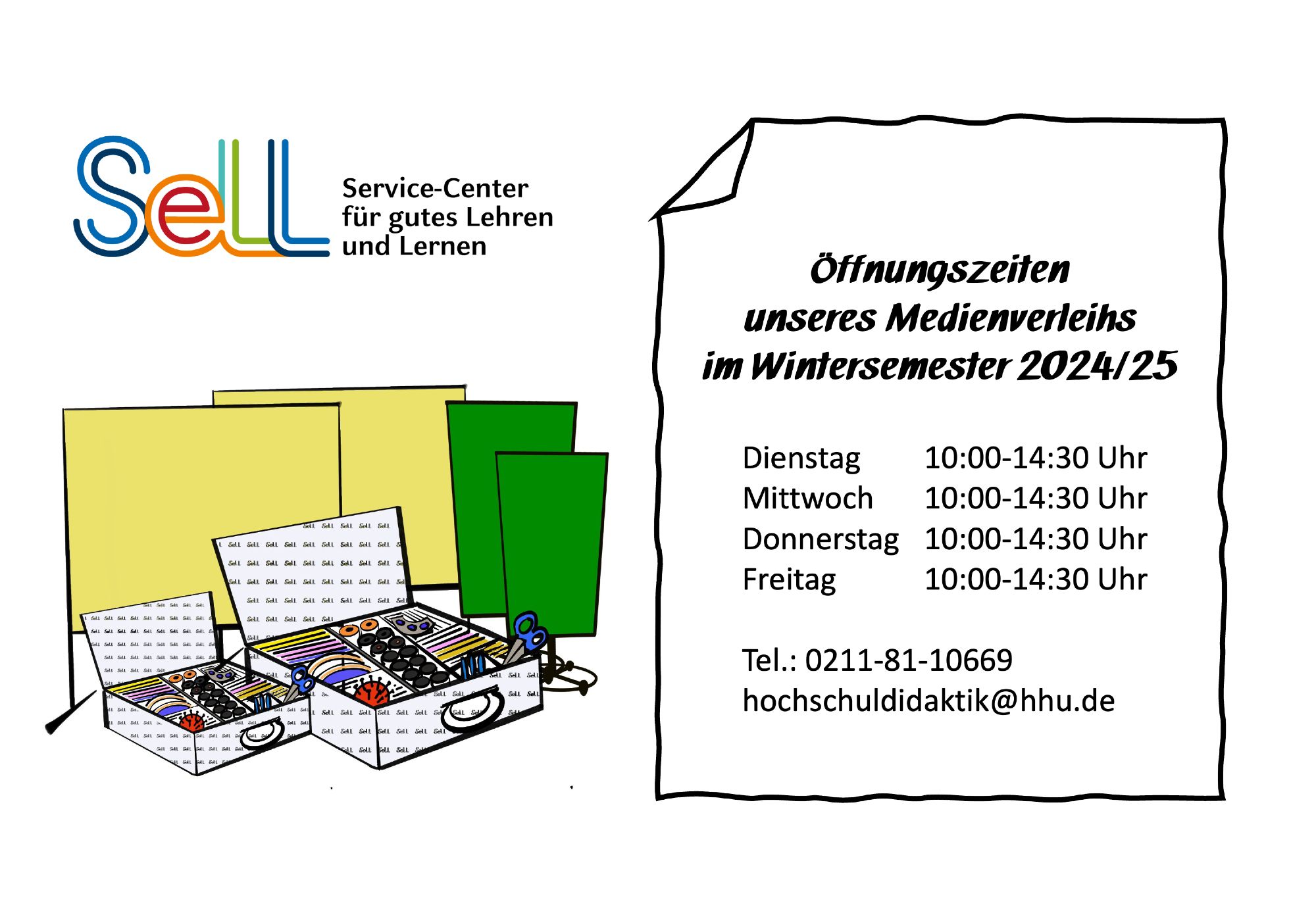 Illustration des SeLL mit Öffnungszeiten für den Medienverleih im Wintersemester 2024/25. Die Öffnungszeiten sind: Dienstag bis Freitag, jeweils von 10:00 bis 14:30 Uhr. Darunter ist die Telefonnummer (0211-81-10669) sowie die E-Mail-Adresse  des Service-Büro (hochschuldidaktik@hhu.de) angegeben. Im unteren Teil des Bildes sind Koffer mit verschiedenen Materialien wie Stiften und Karten sowie Moderationswände in Gelb und Grün zu sehen.