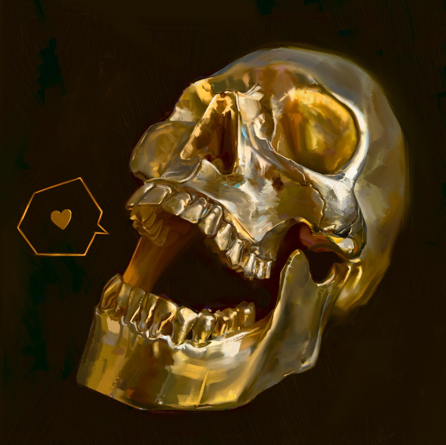 a gold metallic skull hand drawn digitally, with a heart coming out of its mouth in a speech bubble.