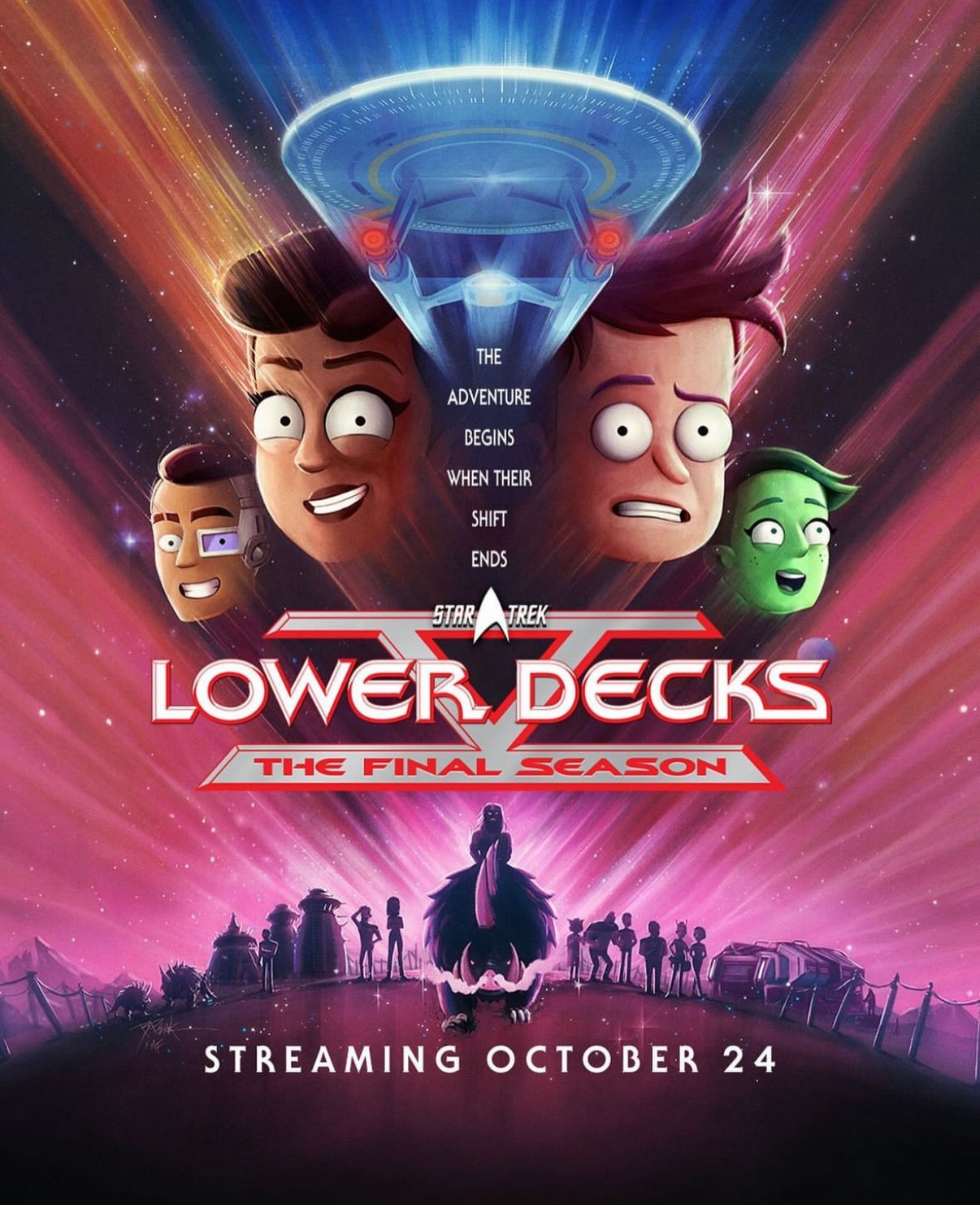 A parody poster of the one from Star Trek V, but for Lower Decks. Cartoon characters with the tagline “the adventure begins when their shift ends” - streaming Oct 24th on Paramount+