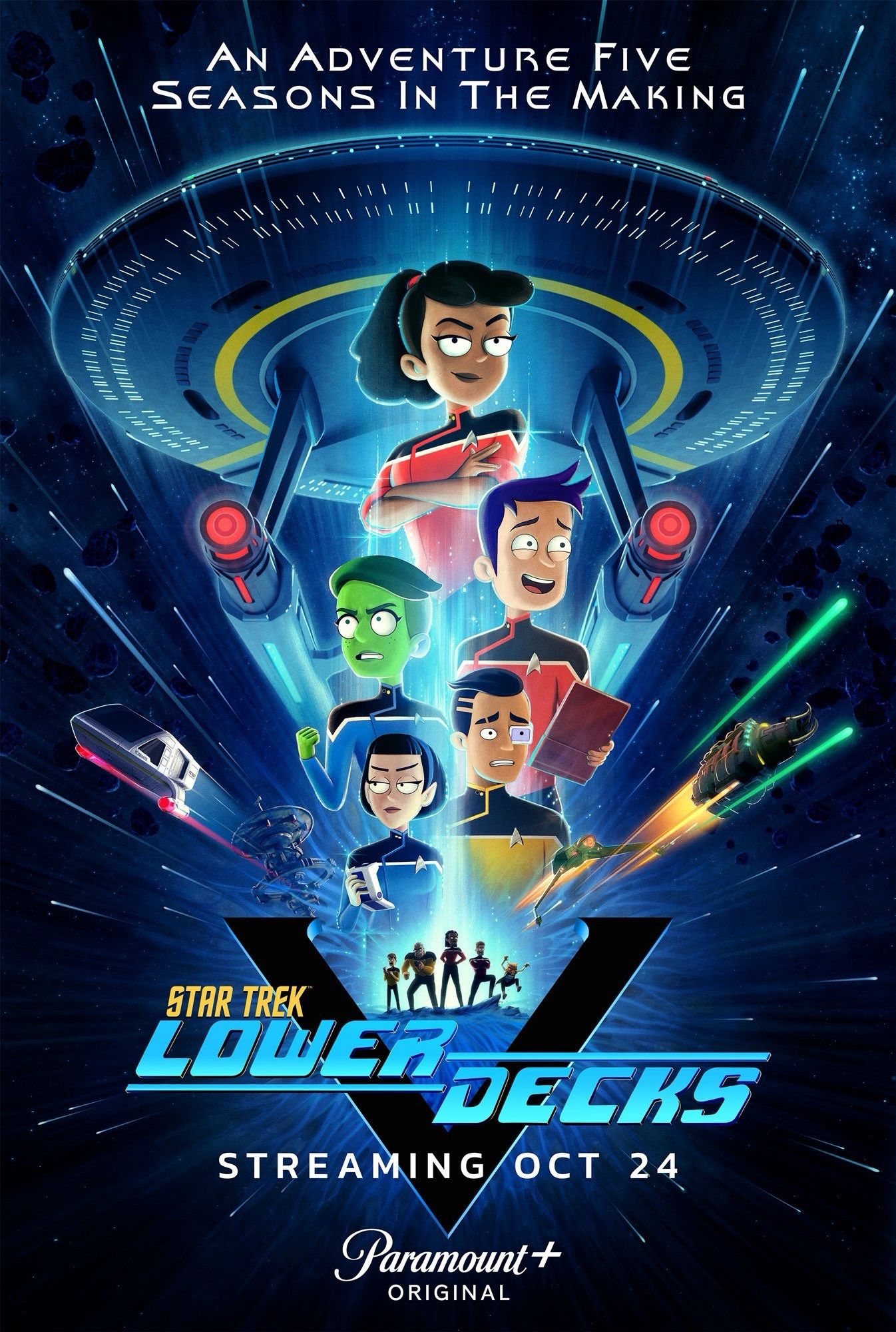 A cinematic splash of a poster for Star Trek: Lower Decks season 5. Streaming Oct 24, 2024 on Paramount+