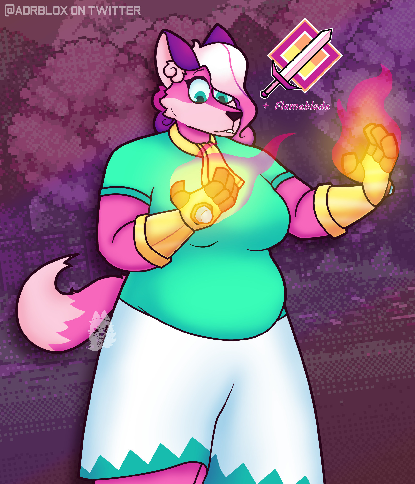 art of Melody equipped with Golden Gauntlets. She was given the "Flameblade" spellbook perk and looks at her paws with a surprised expression.