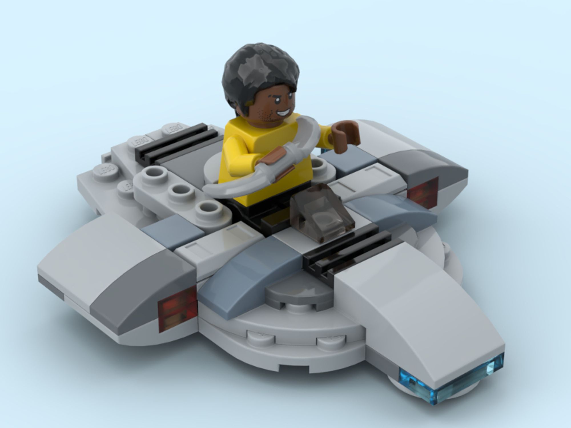 Computer render of a LEGO microfighter model of the USS Defiant from Star Trek Deep Space Nine. In it sits a minifigure of commander Worf.