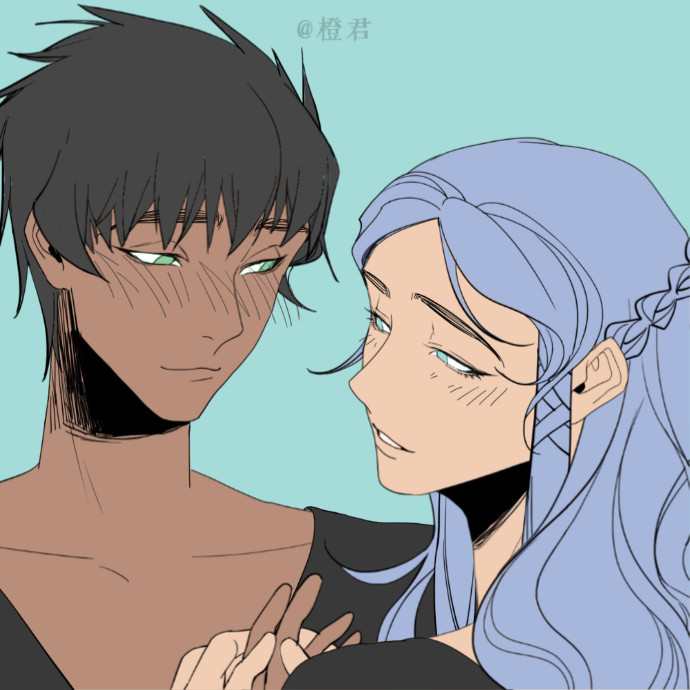 Cly and Hermes looking at each other affectionately (from a neka generator)