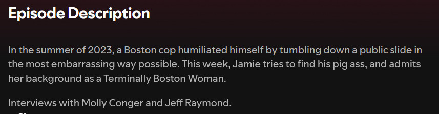 Episode description. In the summer of 2023, a boston cop humiliated himself by tumbling down a public slide in the most embarrassing way possible. This week, Jamie tries to find his pig ass, and admits her background as a terminally boston woman.