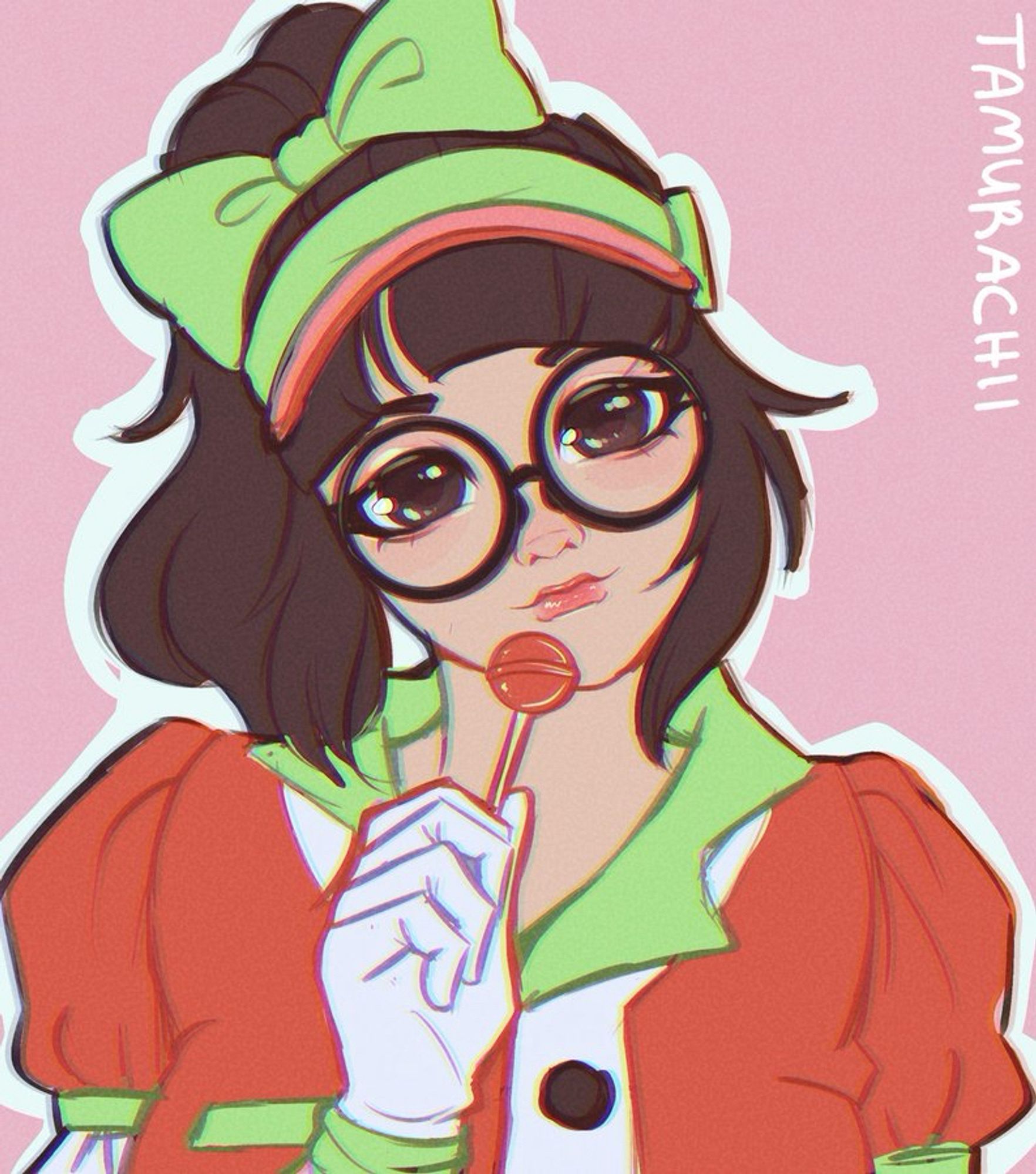 A girl with big round glasses, a green bow, and a red-green outfit holds a lollipop near her lips, looking playful against a pink background.