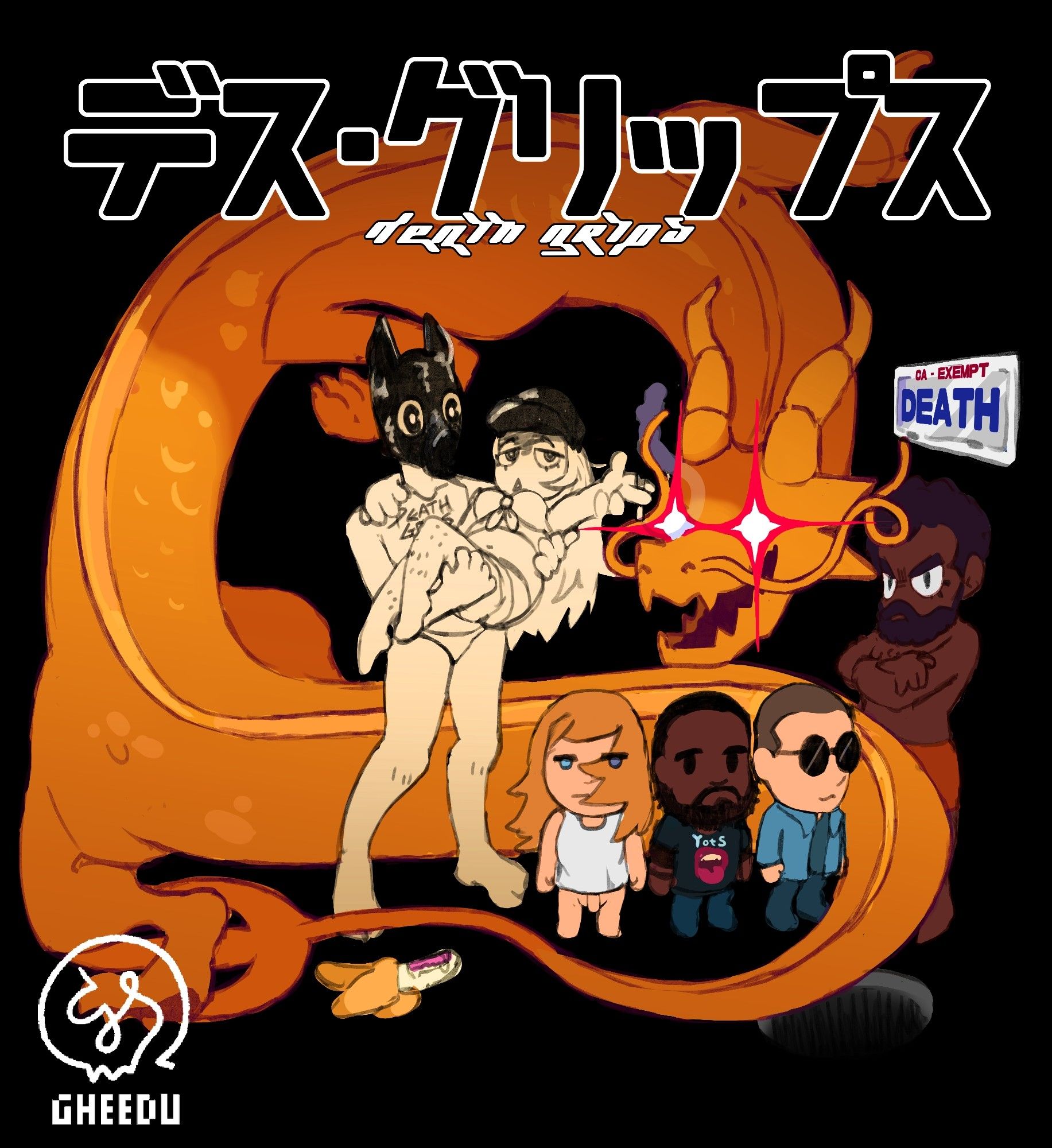 A mix of (almost) all Death Grips album covers drawn in a cartoon style. In the center: A tall figure with a bondage dog mask, holding a short smoking girl with long hair. Next to it: Zach Hill, Ride and Andy Morin. On the right, the black guy from the Exmilitary cover and a license plate with Death written on it. At the bottom: a bottomless pit and a banana with denture stuck to it. A large yellow dragon envolves all of them. Title says: Death Grips in Japanese