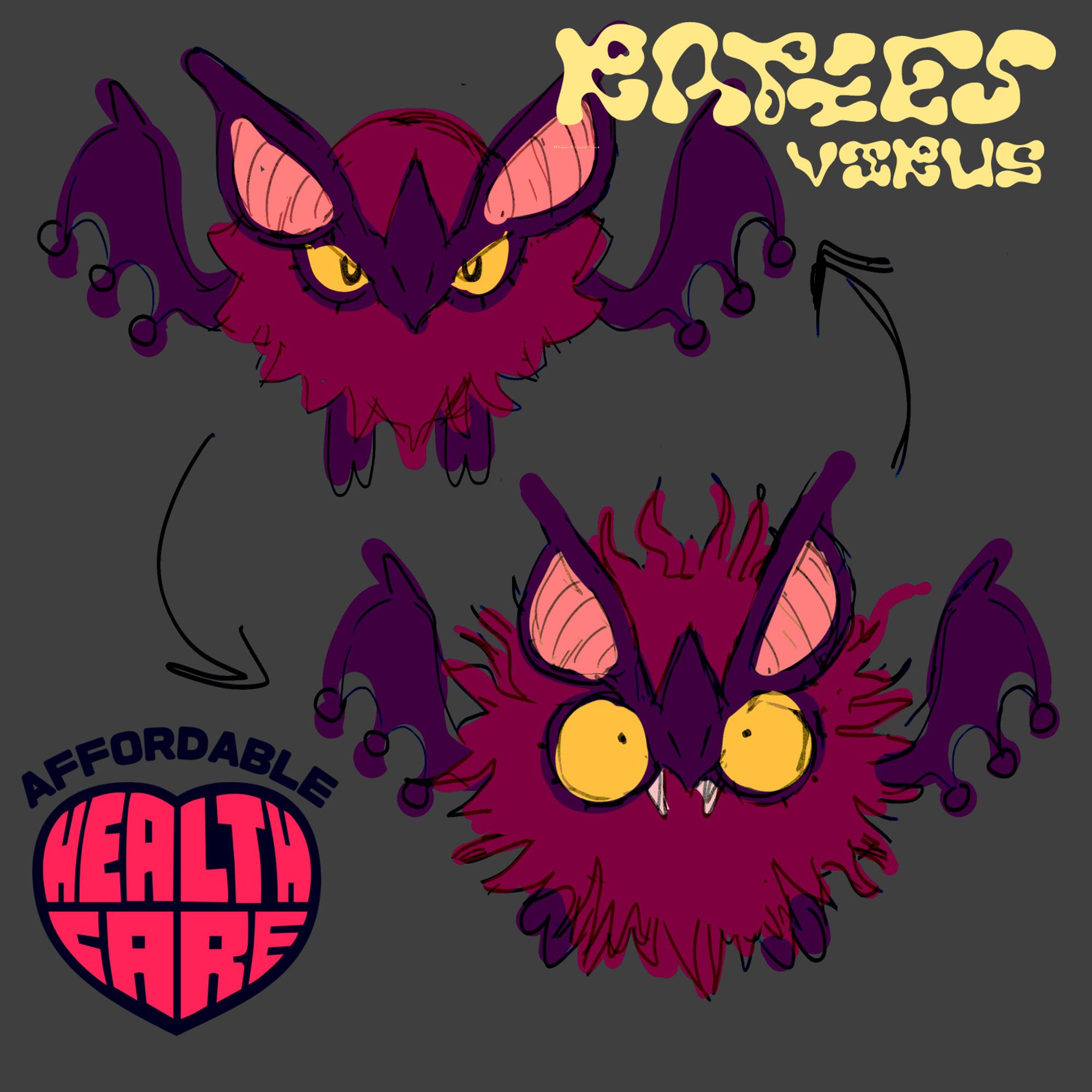 concept art of a bat-like creature representing Rabies Virus. Red fur and purple wings.
At the top, a neutral pose and expression, at the bottom a startled expression. Logo (bottom left) read "Affordable Healthcare" in a heart shaped text