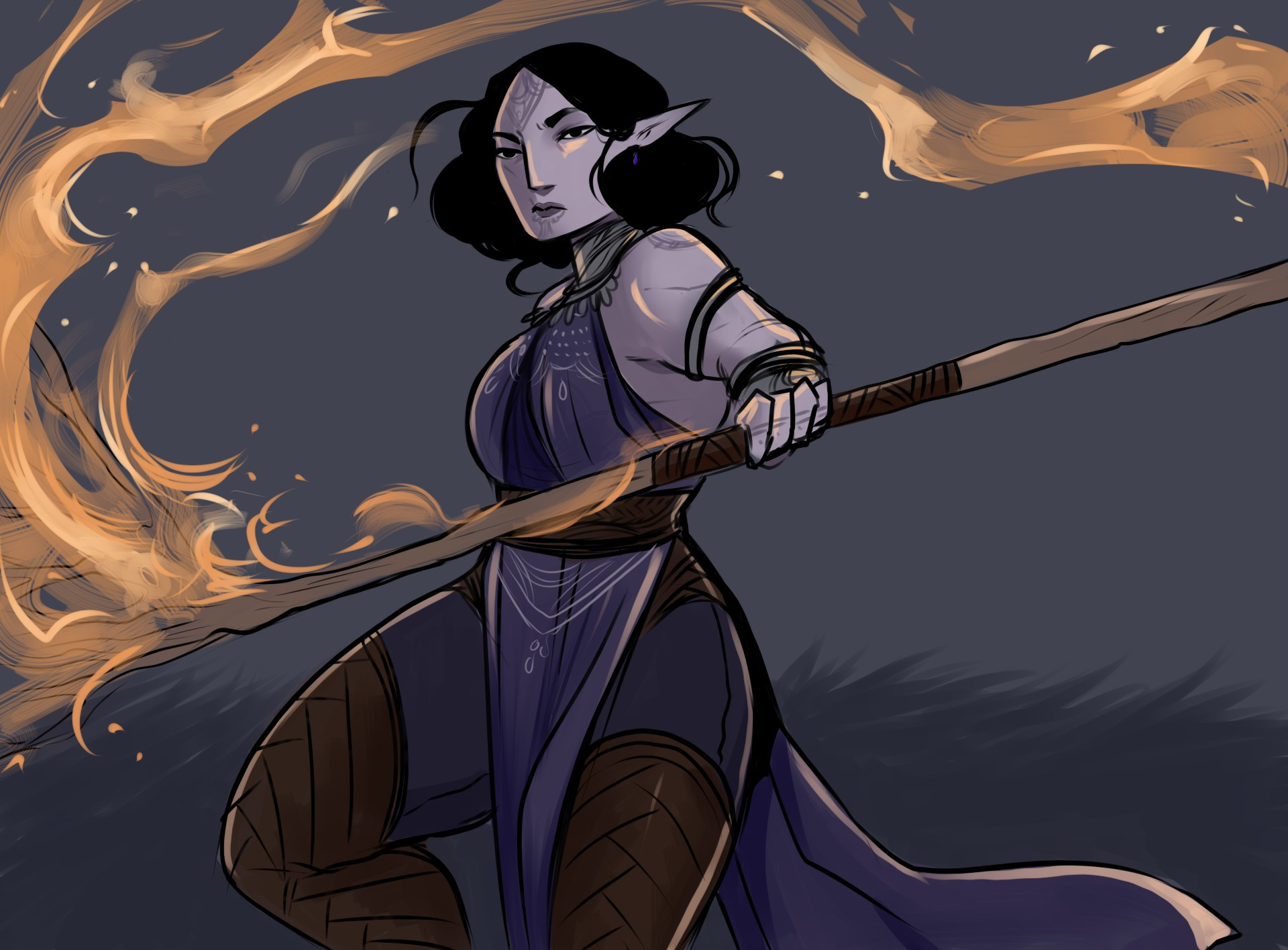 an elven woman with black hair and purple robes casts a fire spell from her staff