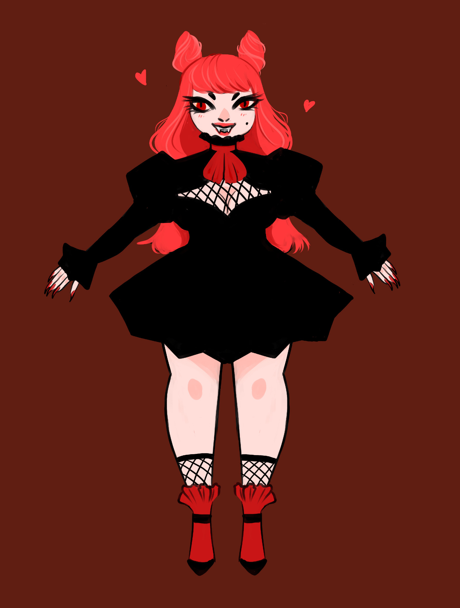 a vampire girl with pale skin, long pink-red hair, and a black dress in front of a deep red background