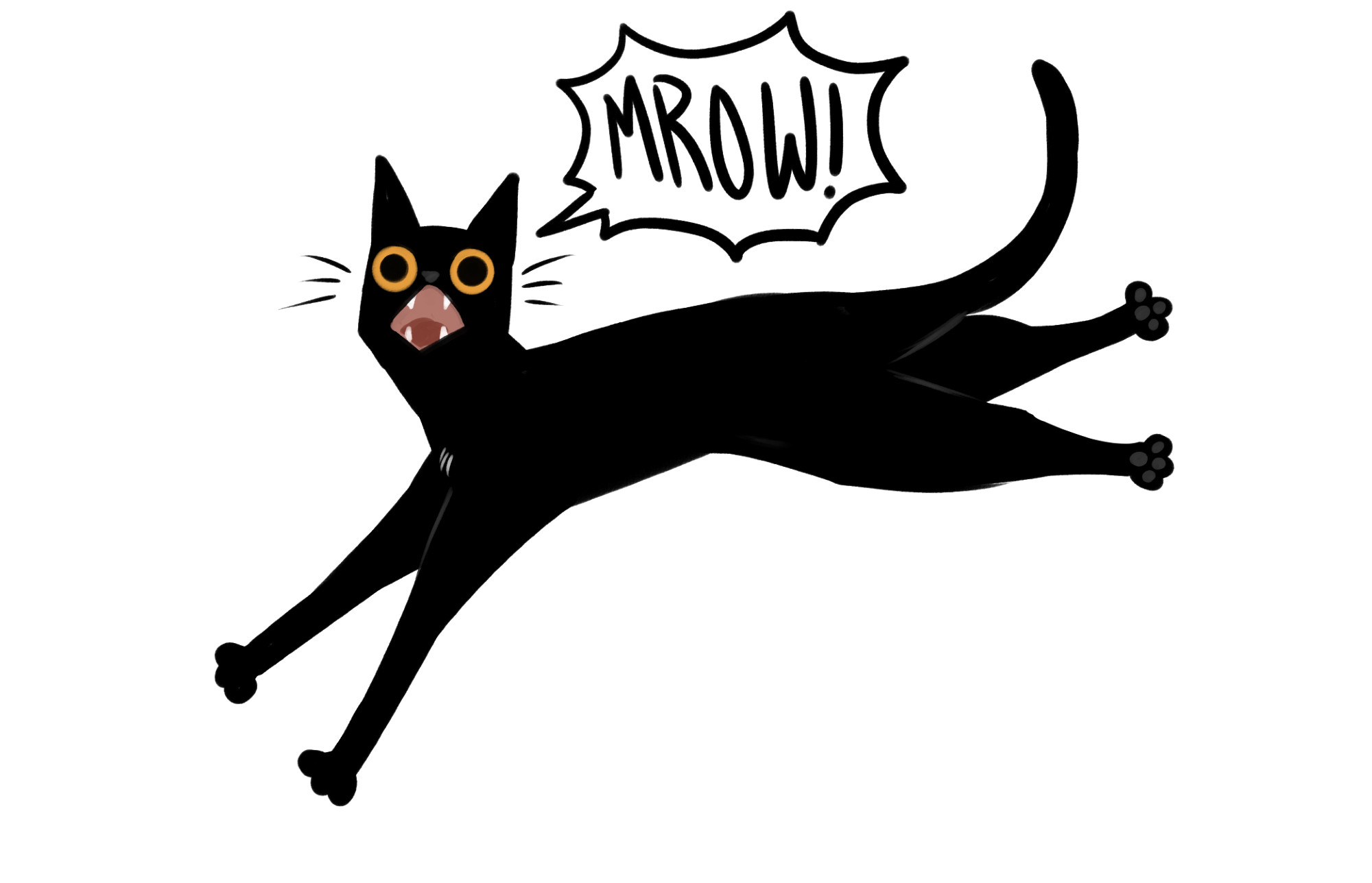 a silly drawing of a lanky black cat with big yellow eyes running and yelling MROW