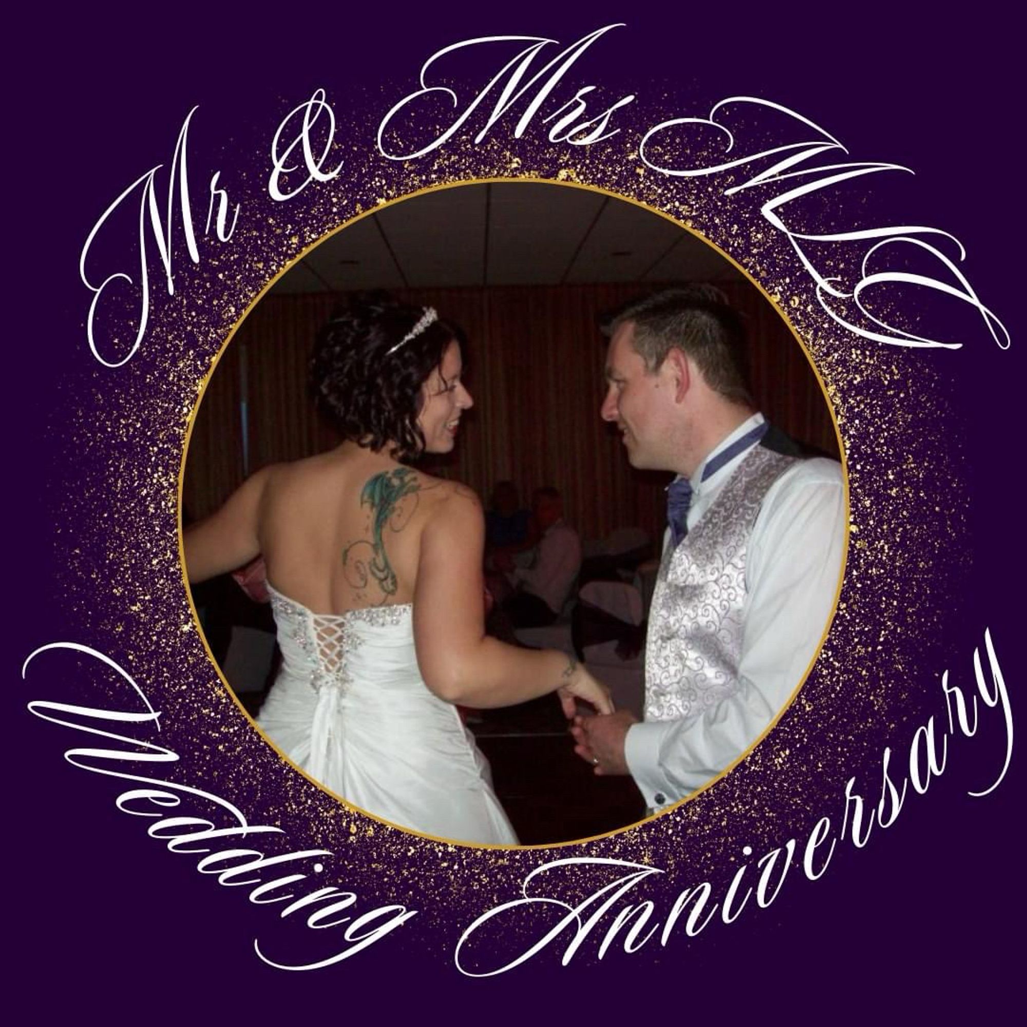 Purple background with a gold circle in the middle framing a photograph of mr and mrs mlg on their wedding day. Mrs mlg has her back to the camera looking over her right shoulder into mr mlgs eyes who is stood on the right and holding her hand