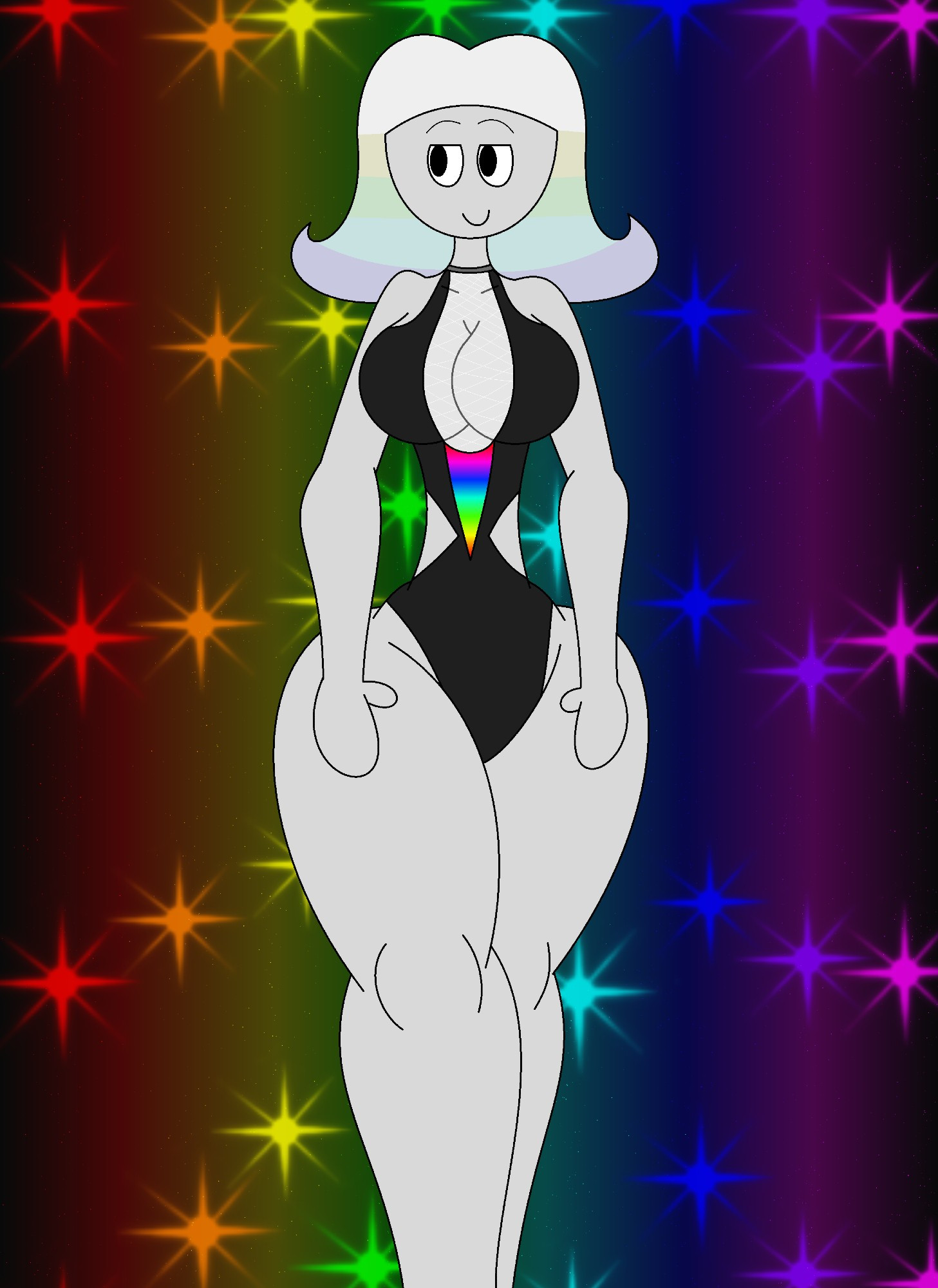 Tungsten in her one-piece swimsuit with a rainbow in the background