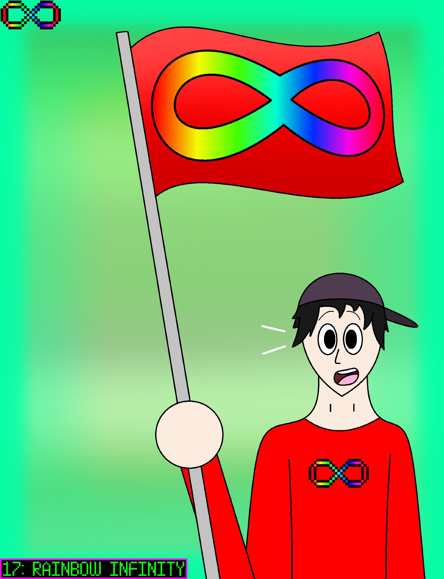 17: RAINBOW INFINITY (Auctober 2024)
Pane happily holds a red-colored flag with a rainbow infinity printed on it.