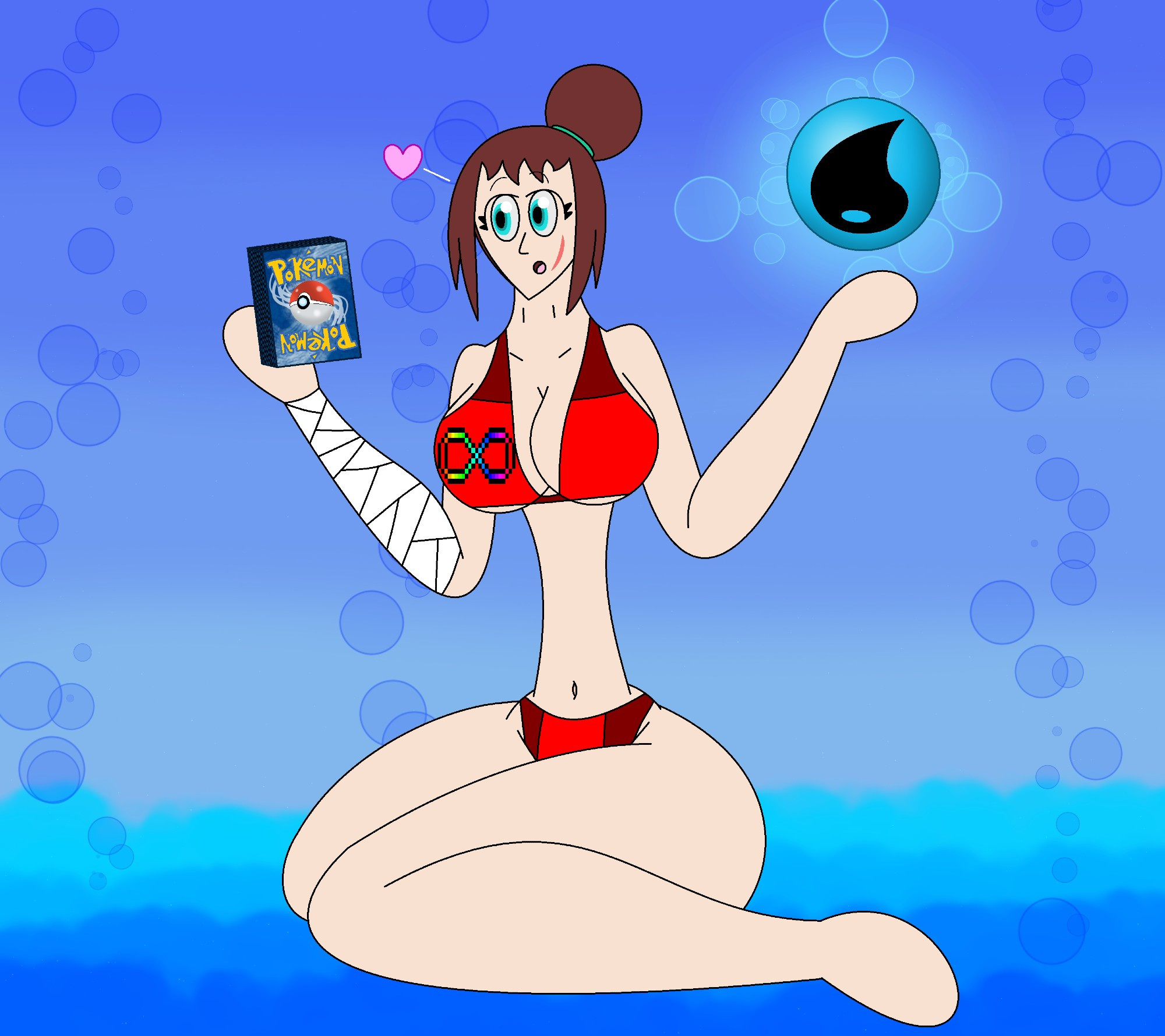 Mrs. Eddant, in her red bikini, holds a deck of Pokémon Trading Card Game cards with her right hand, and her left hand has a Water Energy (from Pokémon TCG) floating above it.