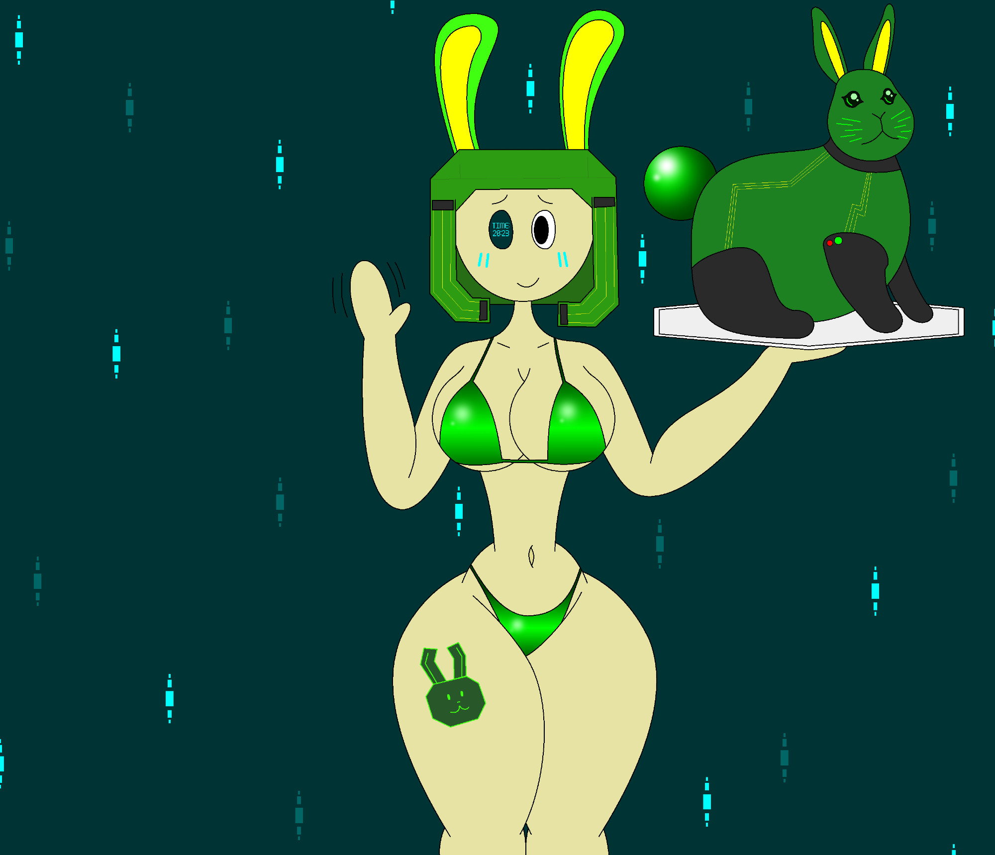 Caesium in her bunny girl bikini while holding a green circuit bunny