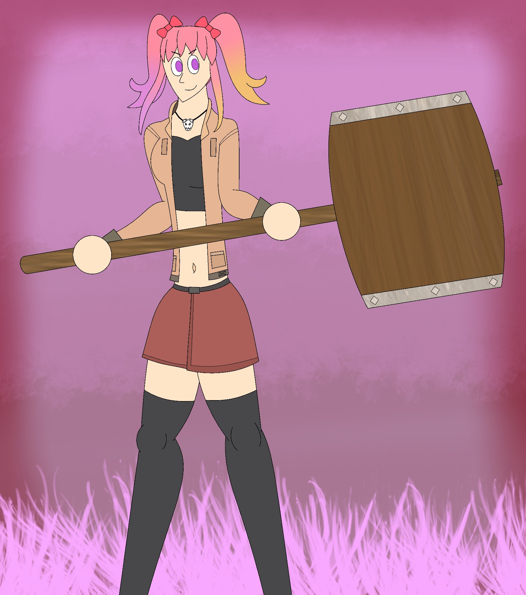 Fanart of Saiko Bichitaru from the SMG4 YouTube series. She holds a giant wooden mallet, ready to fight with it.