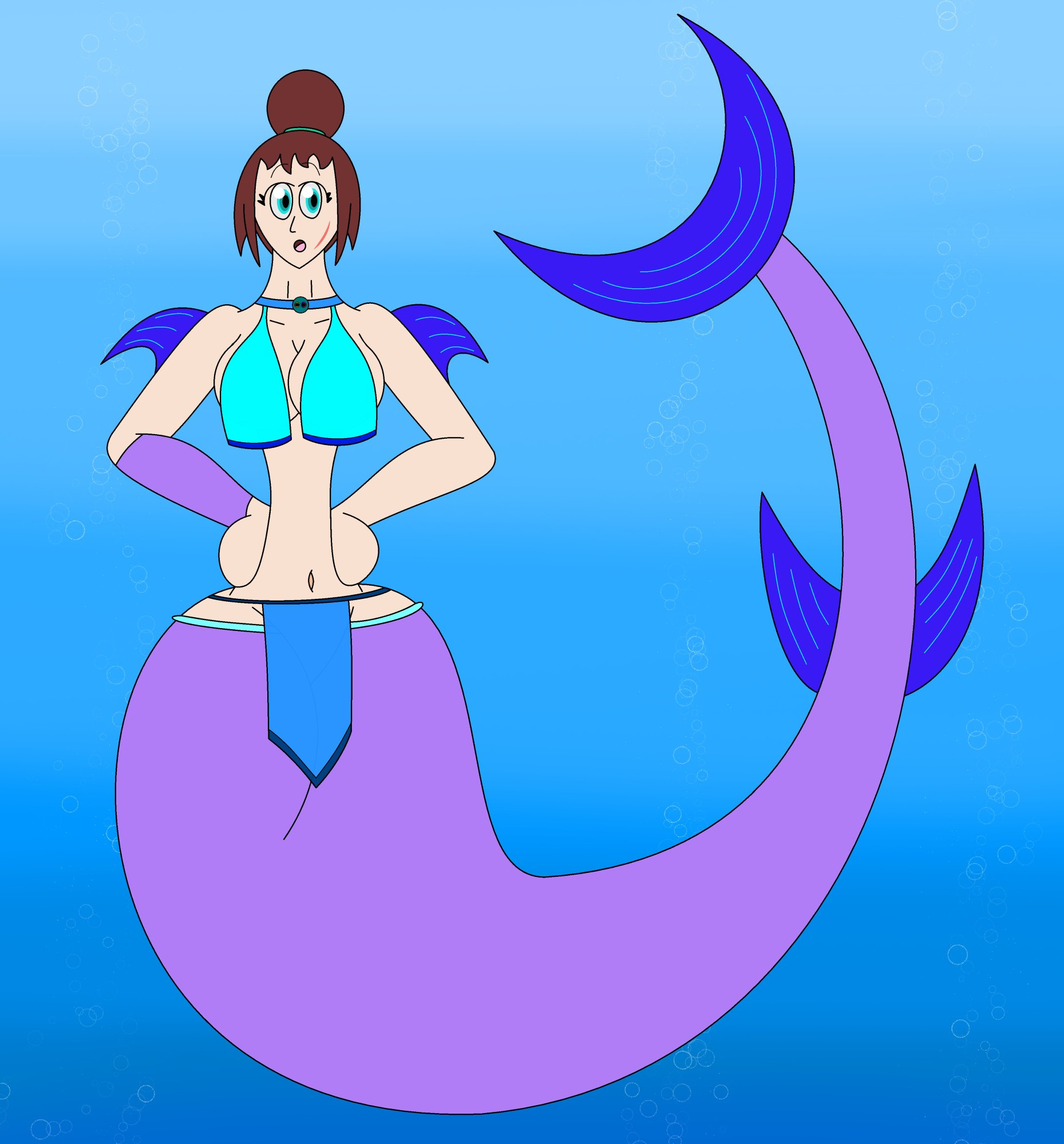 Mrs. Eddant as a mermaid for Mermay. While in this form, she's underwater where ocean bubbles are rising from below.