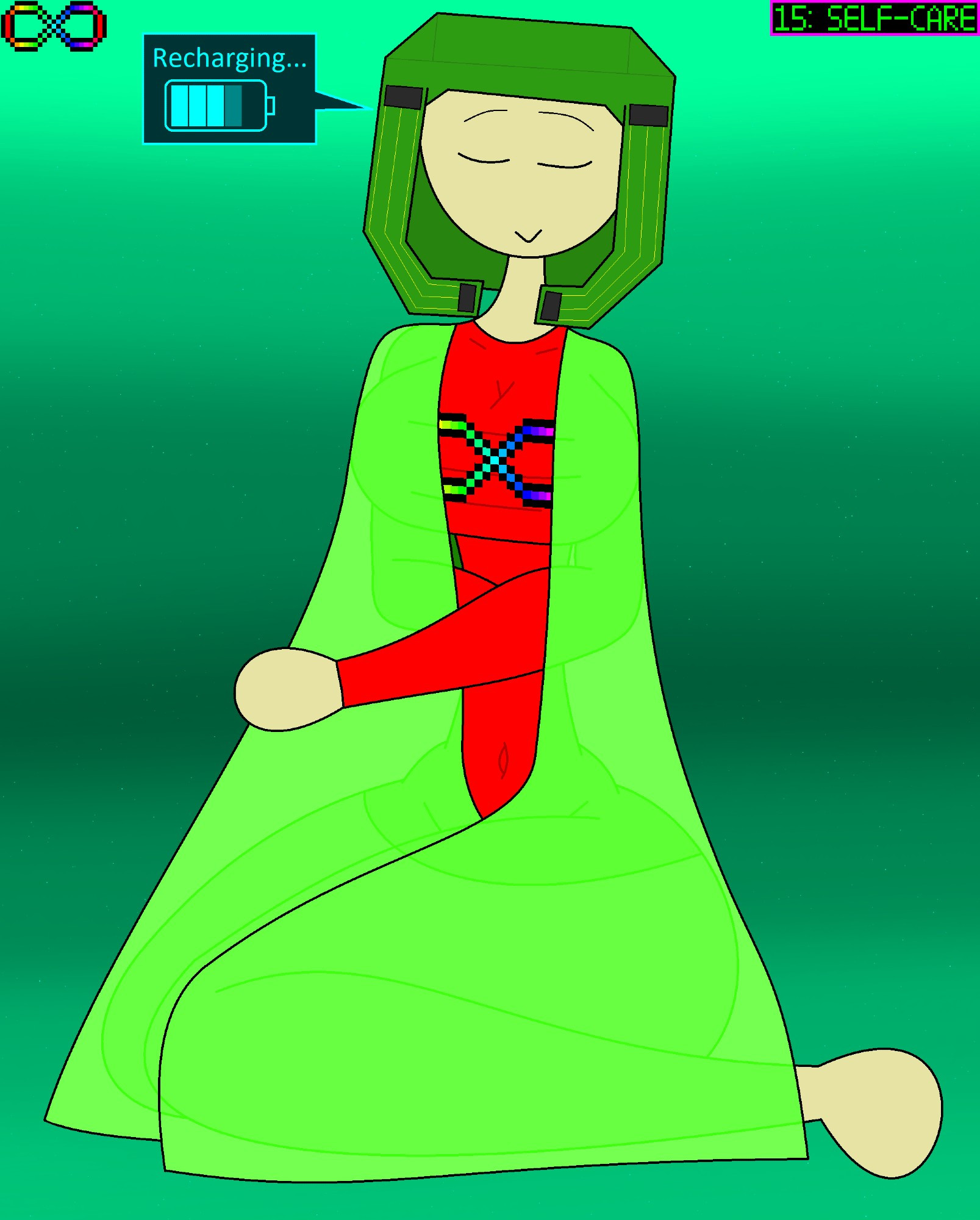 15: SELF-CARE
Caesium sits down with her green blanket wrapped around her, resting and recharging with her eyes closed.