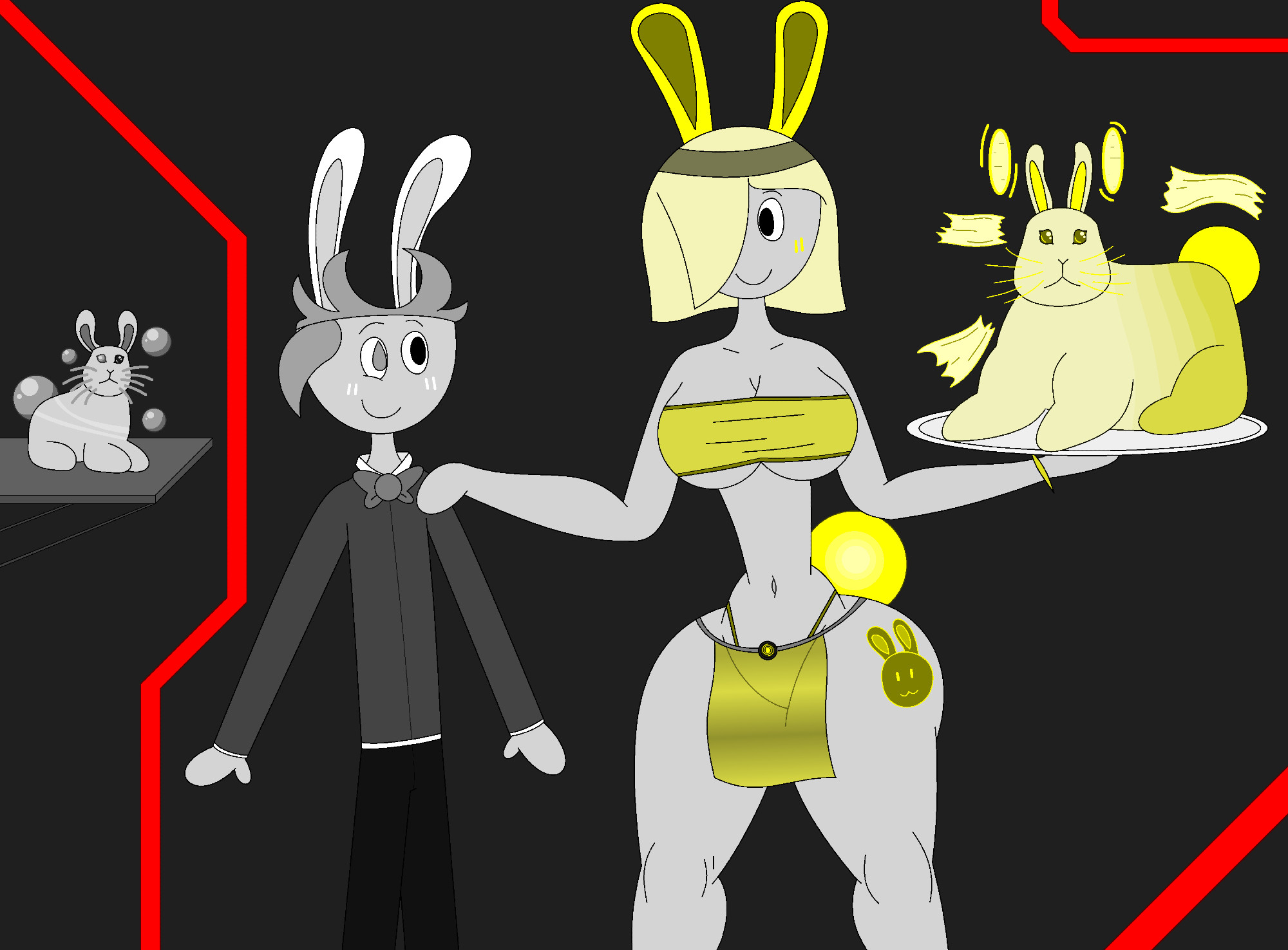 Mercury and Samarium in their bunny outfits and two actual rabbits of their own