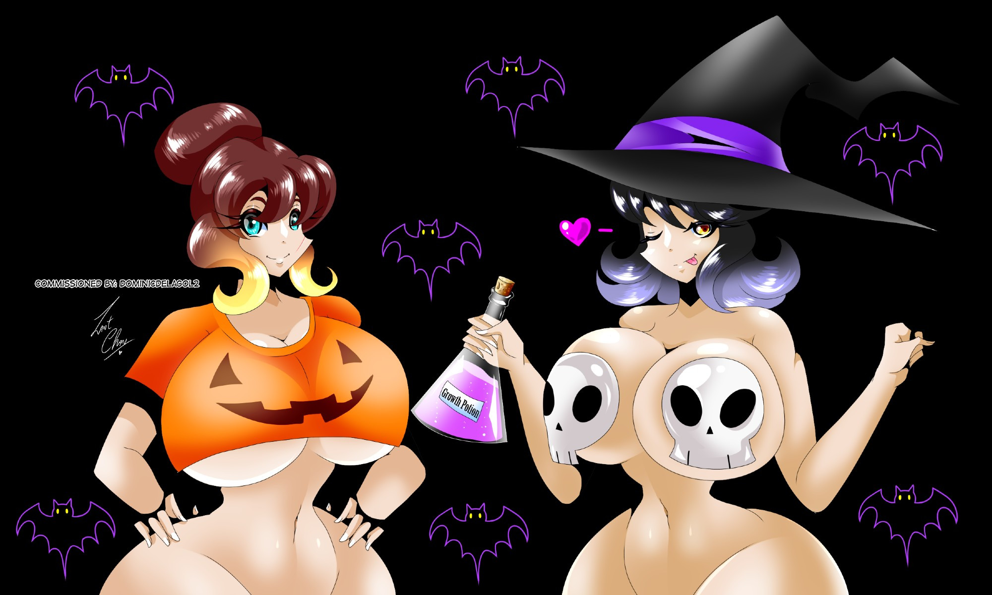 Commission drawn by ZantyBunny
Mrs. Eddant wears an orange underboob shirt with a jack-o-lantern print on it, and doesn't wear any other clothing. Mrs. Godara, winking, is also naked, but wearing a witch hat and a skull bra. Mrs. Godara holds a potion titled "Growth Potion." The picture, with a few bats flying all over the background, only displays the characters' upper bodies.