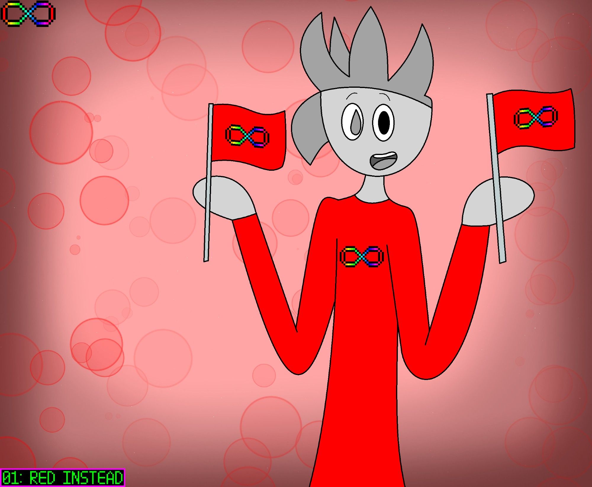 01: RED INSTEAD
Mercury wears a red long-sleeve shirt as he happily holds two red-colored flags with a rainbow infinity printed on both of them.