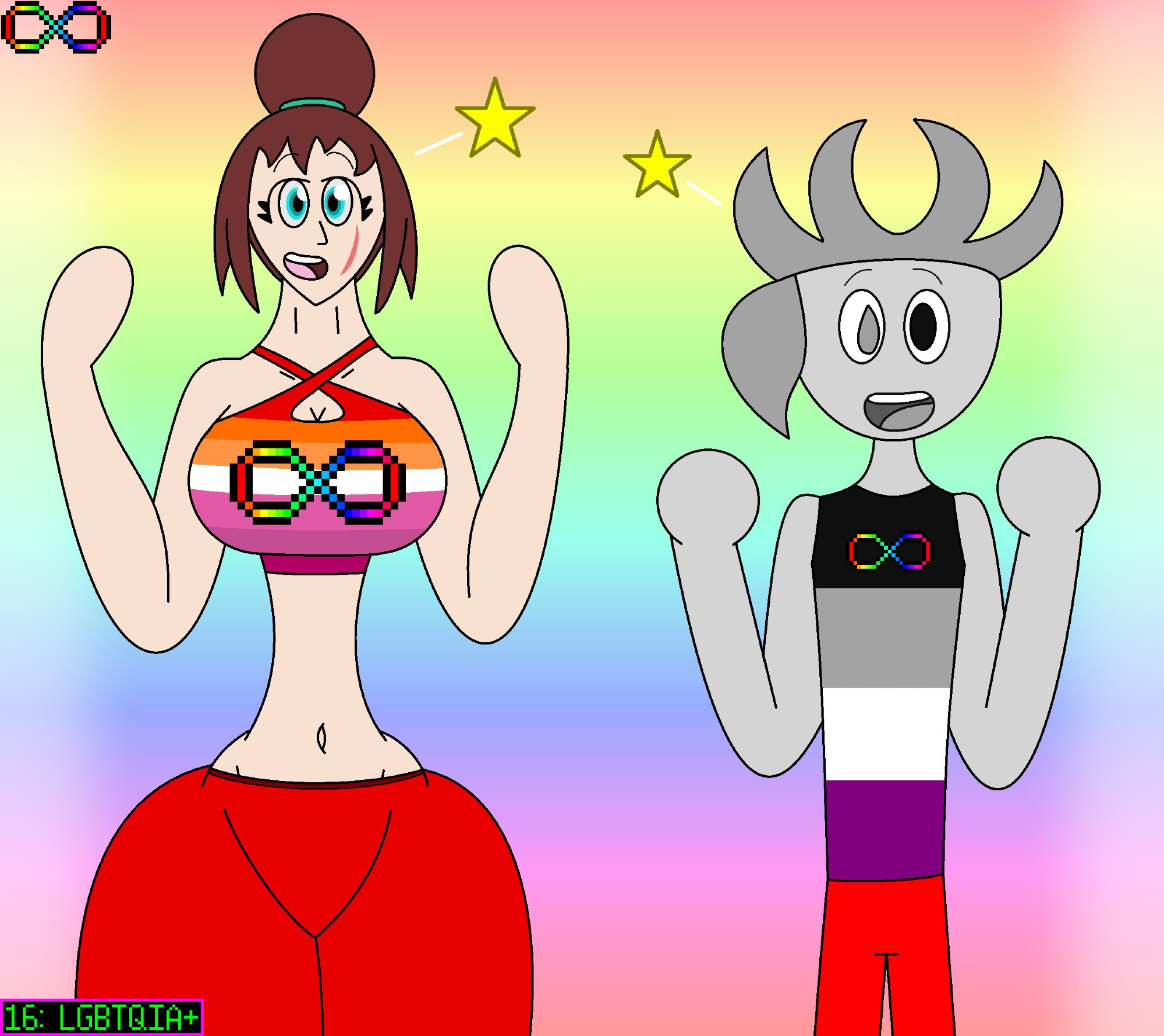 16: LGBTQIA+ (Auctober 2024)
Mrs. Eddant wears a crop top colored to resemble a Lesbian Pride flag, and Mercury wears a tank top colored to resemble an Asexual Pride flag. Both characters are very proud.