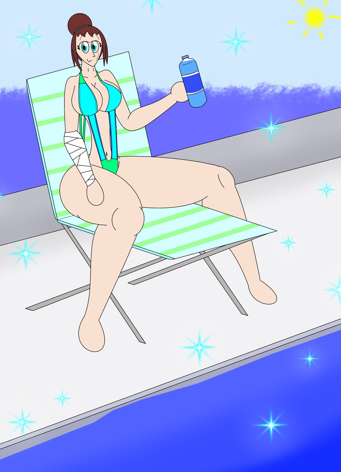 On a sunny day, Mrs. Eddant wears her slingshot bikini while sitting on a lounge chair near the pool and holding a water bottle.