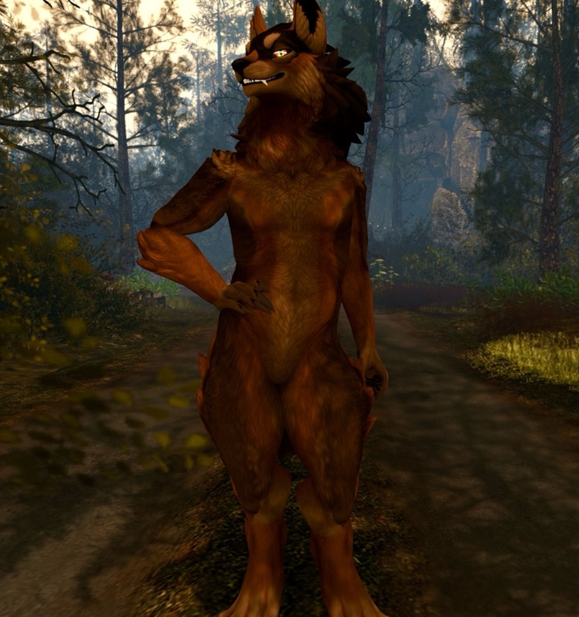 A werewolf standing in a forest, 3d. Werewolf made by penumbralbeast, textures on the werewolf by growlbeast