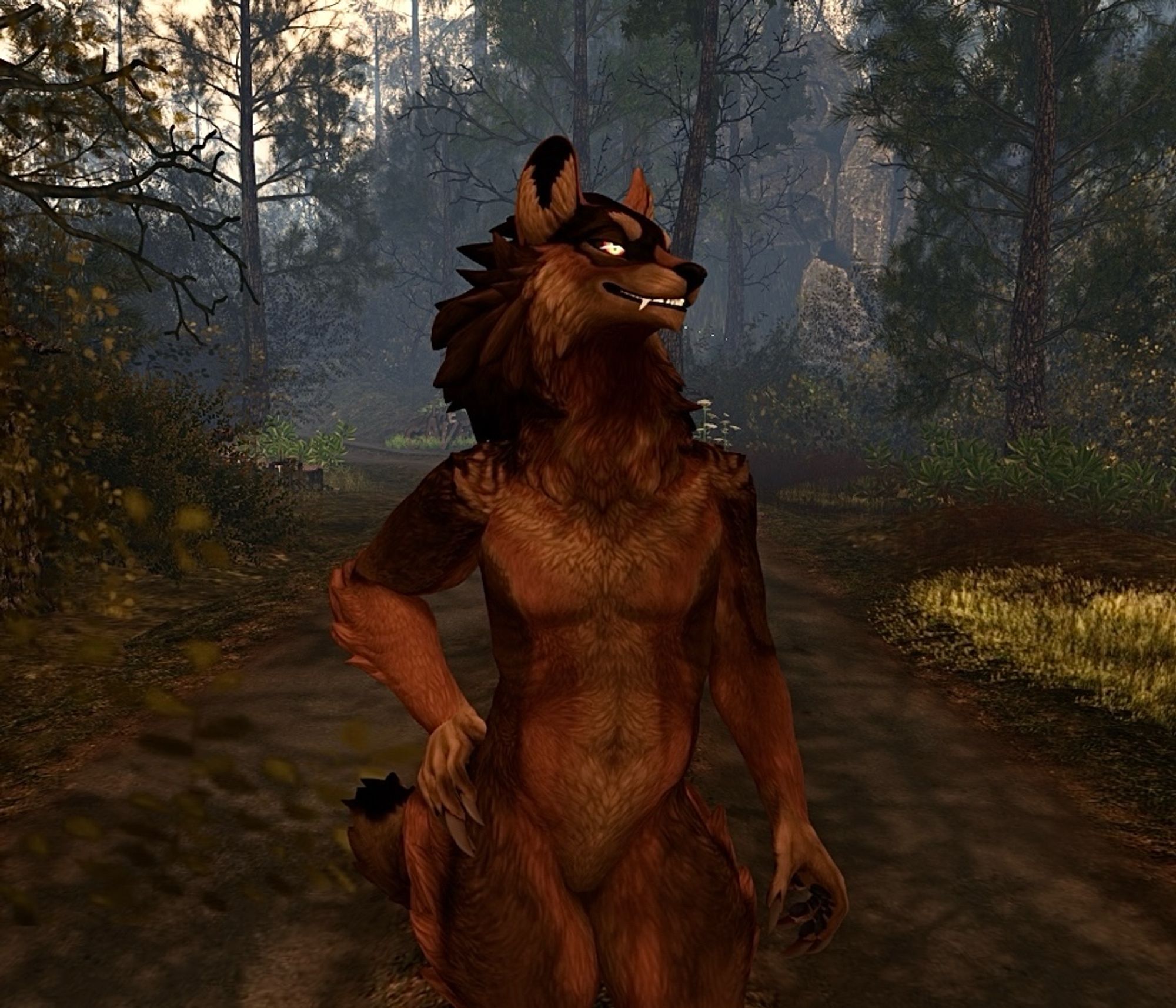 A werewolf standing in a forest, 3d. Werewolf made by penumbralbeast, textures on the werewolf by growlbeast