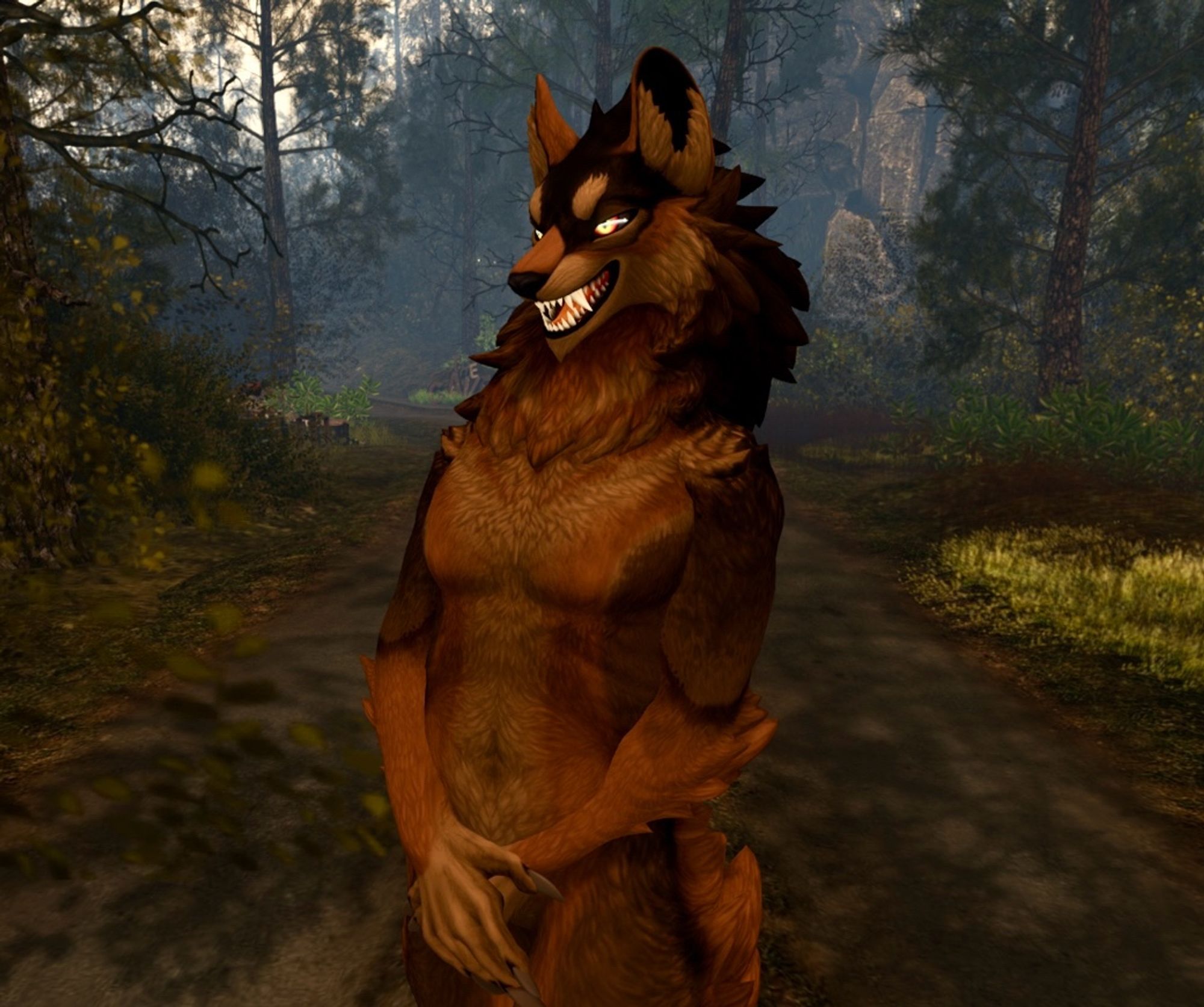 A werewolf standing in a forest, 3d. Werewolf made by penumbralbeast, textures on the werewolf by growlbeast