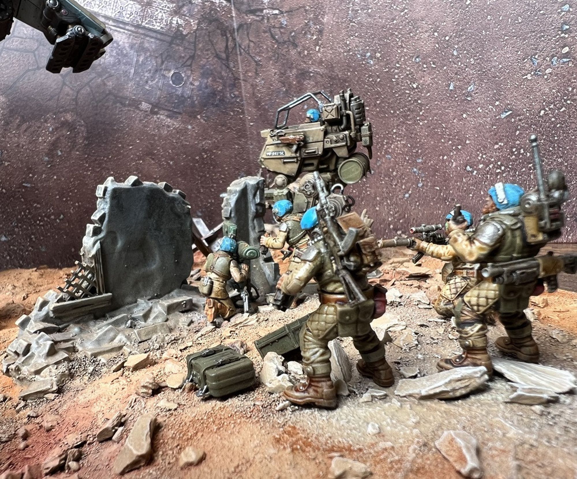 Diorama with Scout Sentinel Walker and various drop troops