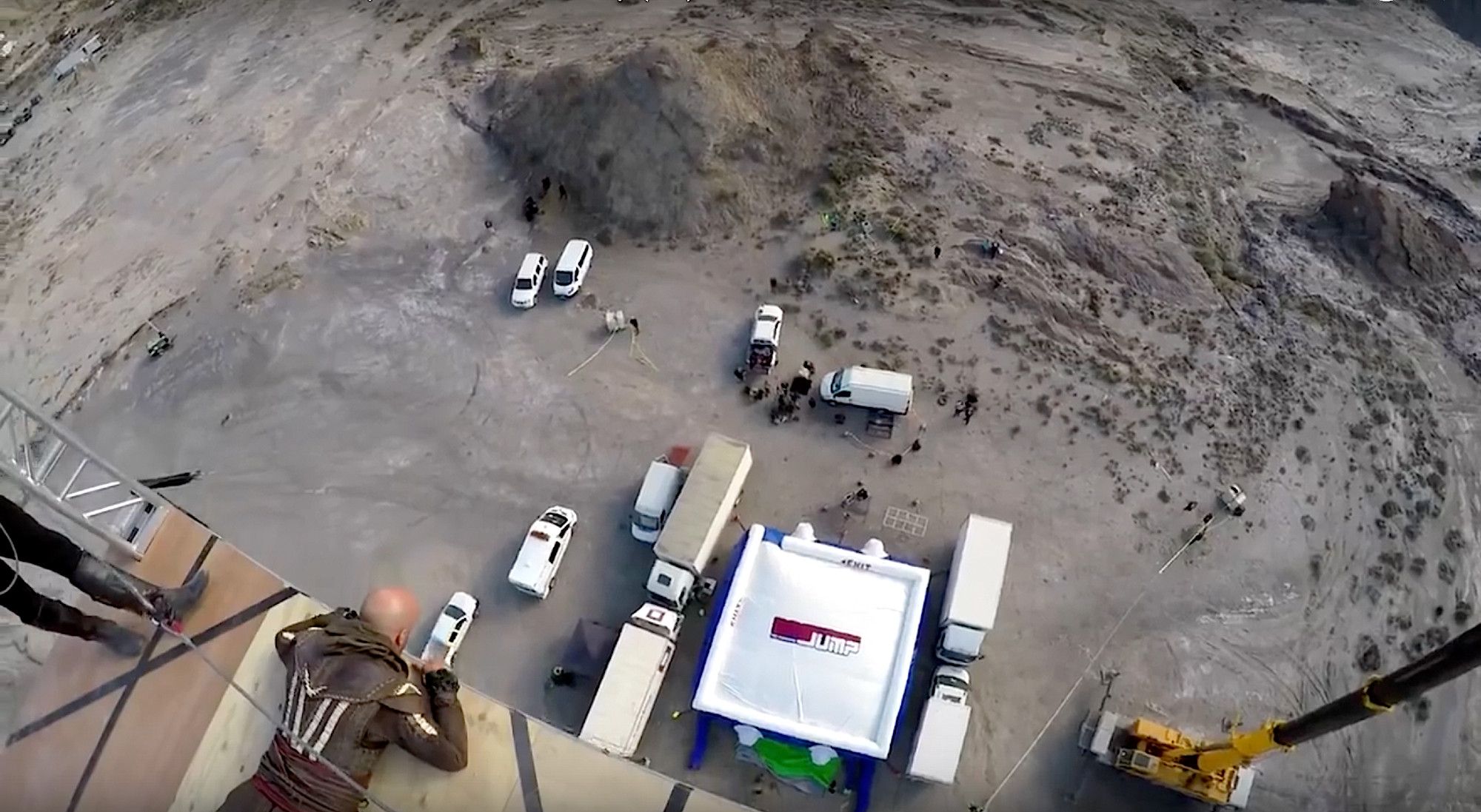 Suspended platform above Las Salinillas with a very small landing mattress 125 feet below