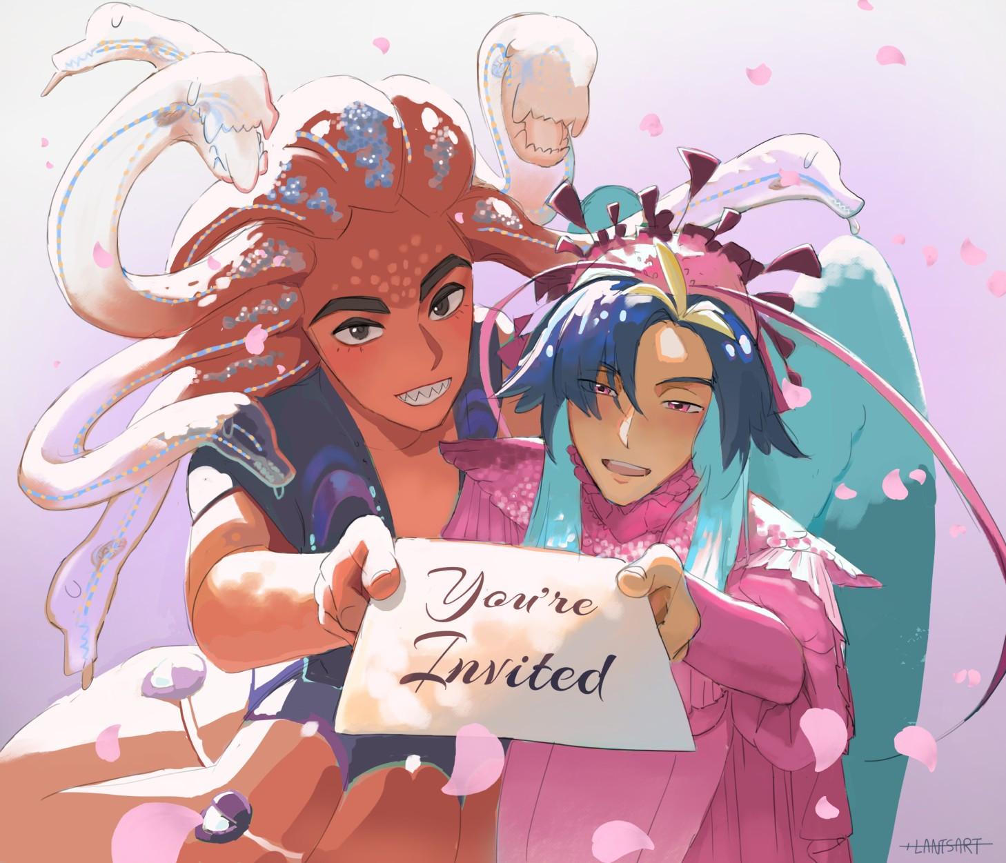 Nala and Shoori, who are two characters from my webseries, are holding up a piece of paper that says "you're invited". Nala has medusa tentacle hair - except instead of snakes at the ends, they have dog heads. Nala's skintone goes from orange to transparent as it gets closer to the ends of their dog head tentacles. Shoori looks humanoid with wings, and has feathers that goes from dark blue to turquoise.