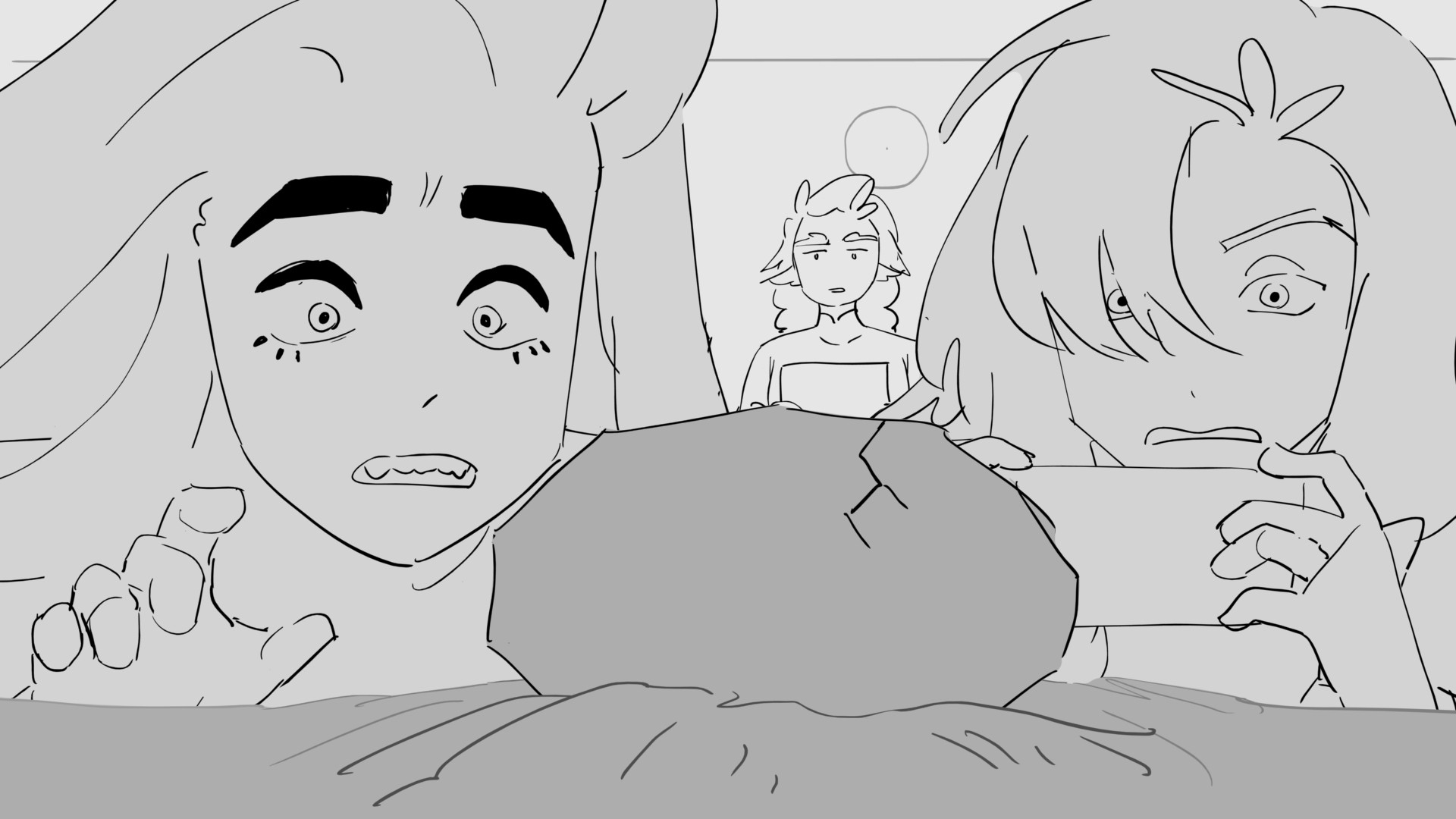 nala and shoori are worried about their child, who is hatching out of their egg. In the background the nurse is speaking calmly to them.