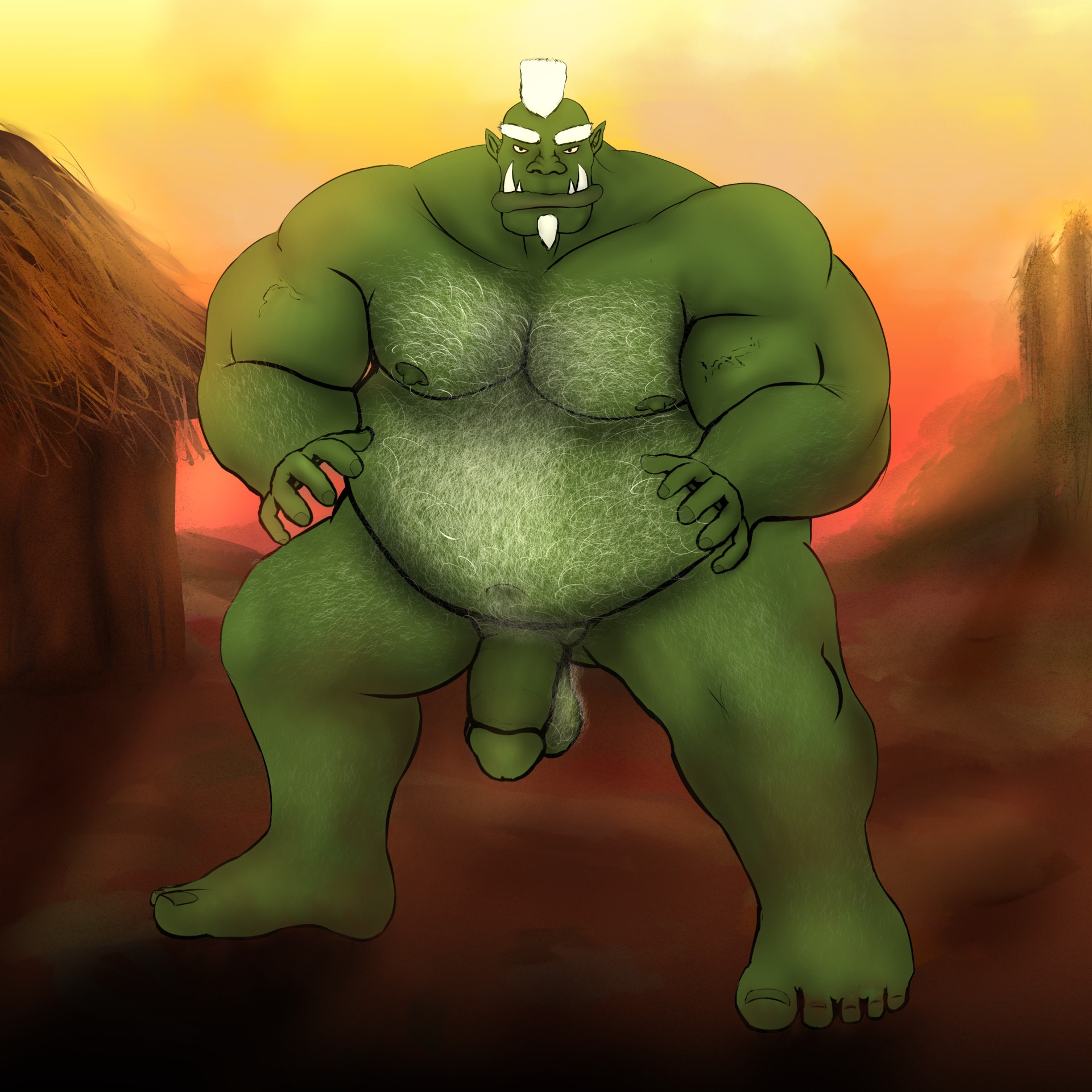 A hairy, dad bod, white haired green orc who is naked in a wrestler stance. His penis is big for a flaccid one.