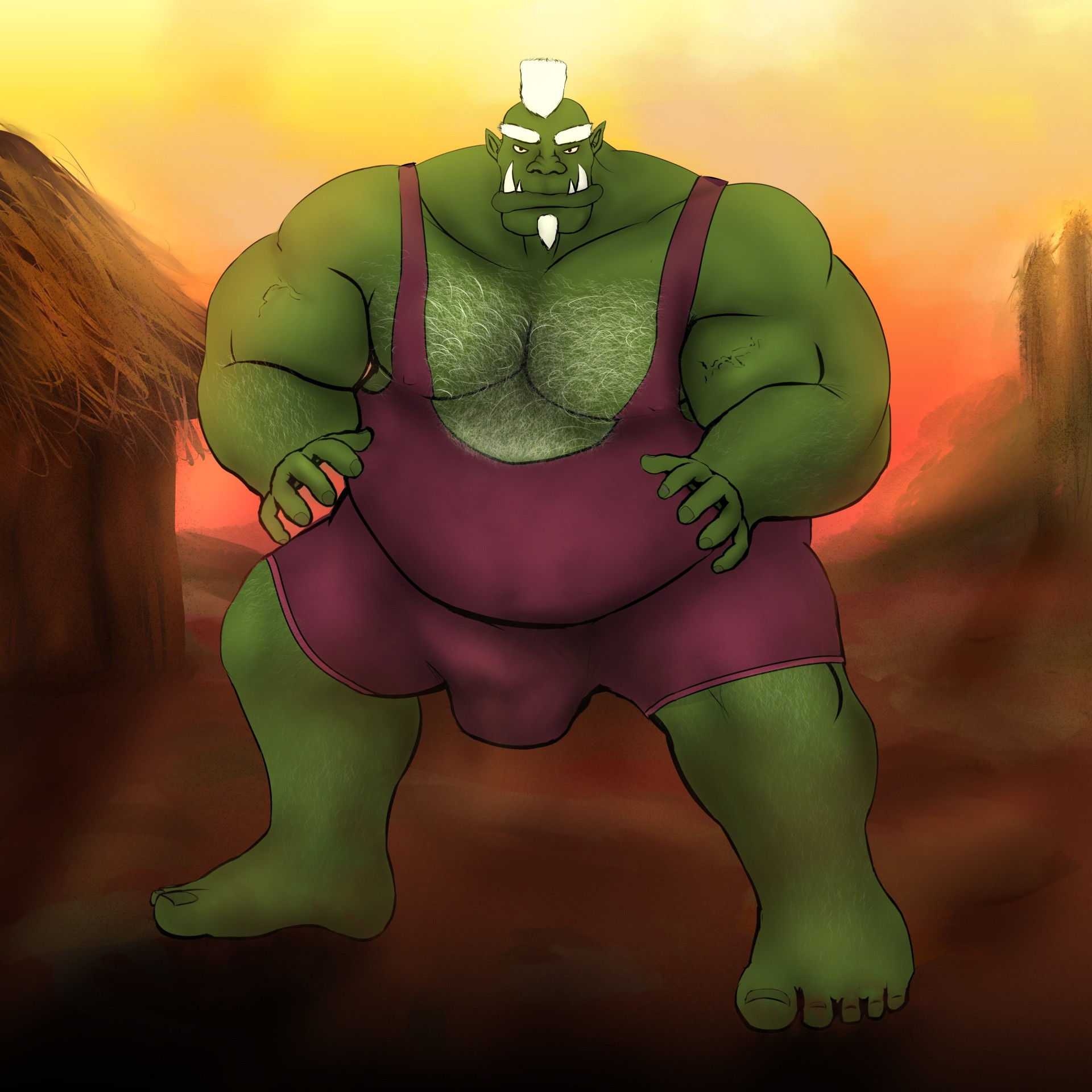 A hairy, dad bod, white haired green orc wearing a purple singlet in a wrestler stance. His bulge is noticeable.