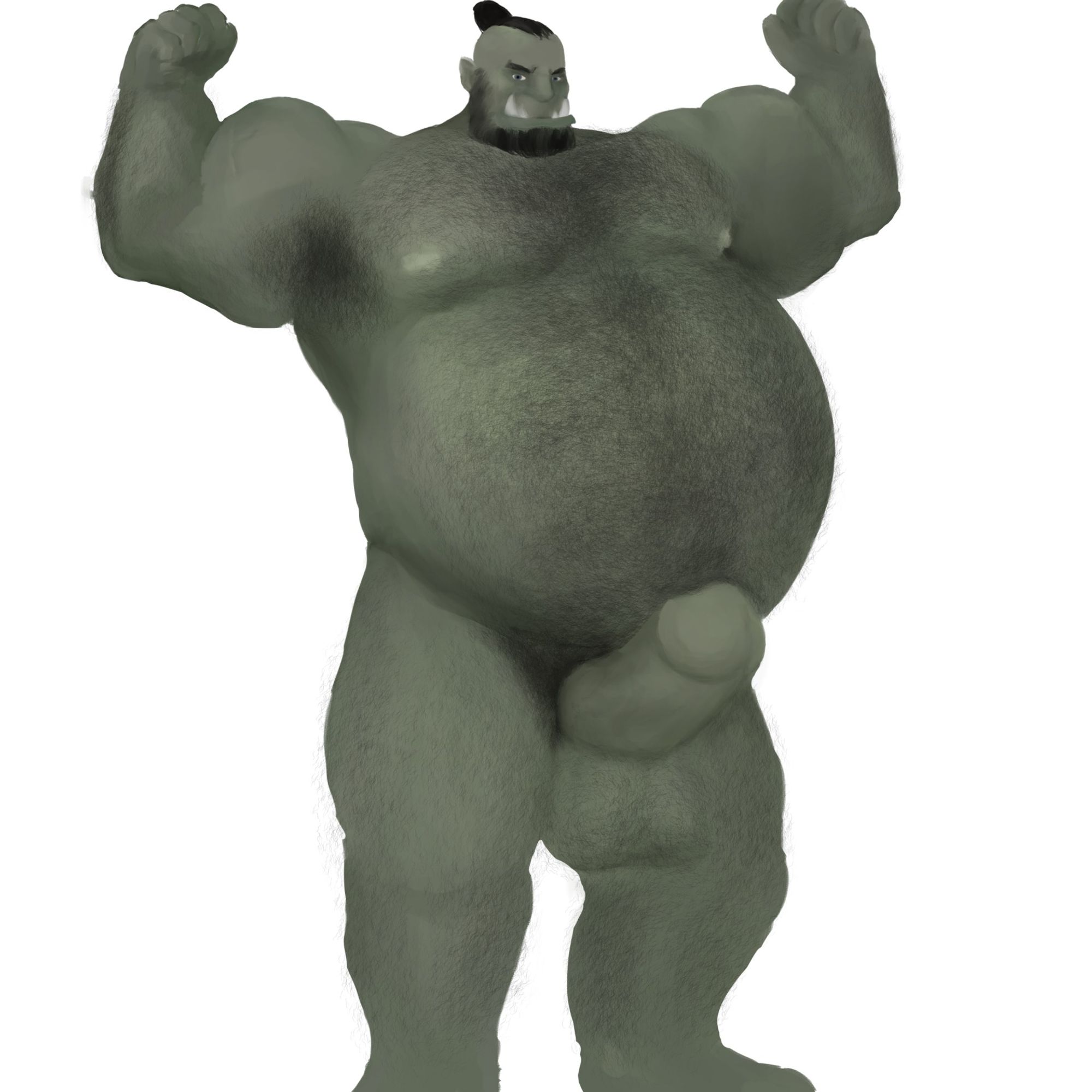 A hairy, muscular and fat, dark haired orc-like Roegadyn flexing naked and fully erect