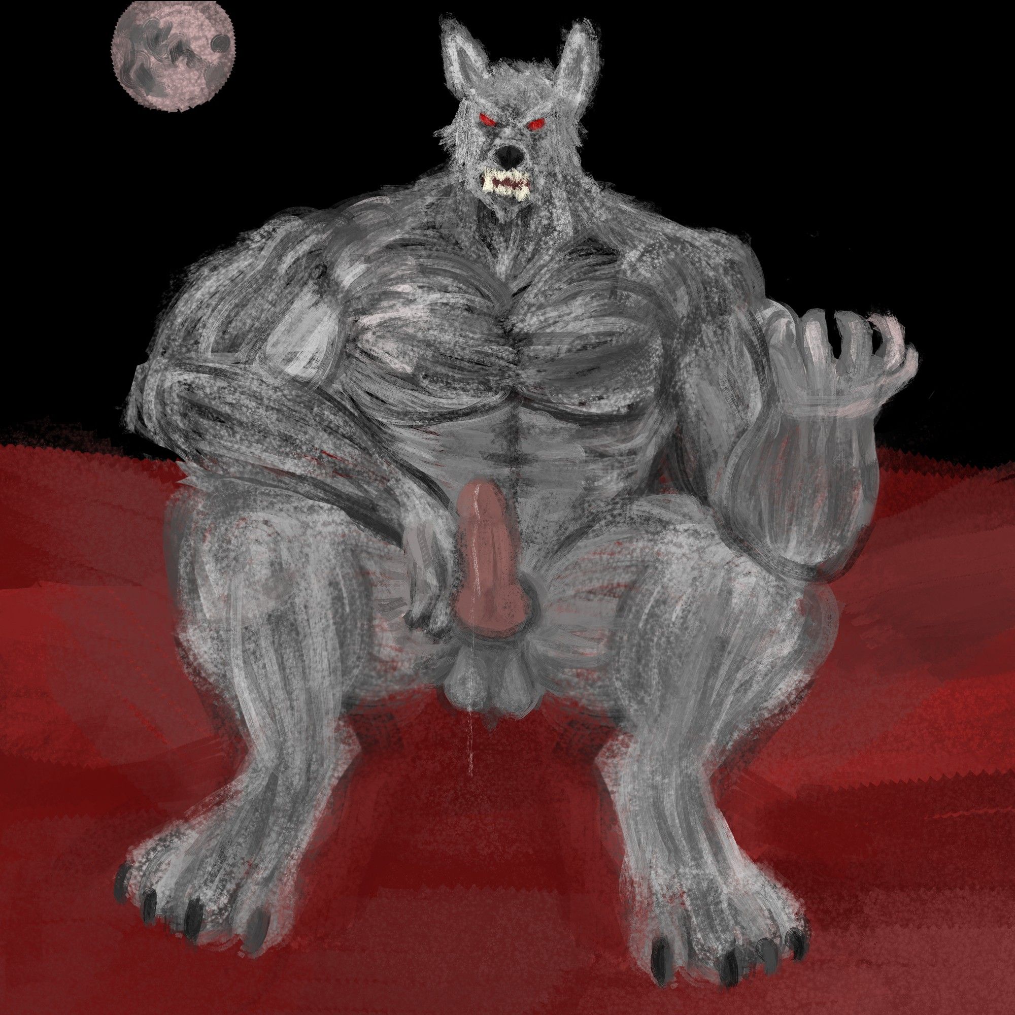 A gray werewolf baring his teeth sits on red sands under the moonlight. One of his hands is in a claw position and he has a full erection, leaking precum