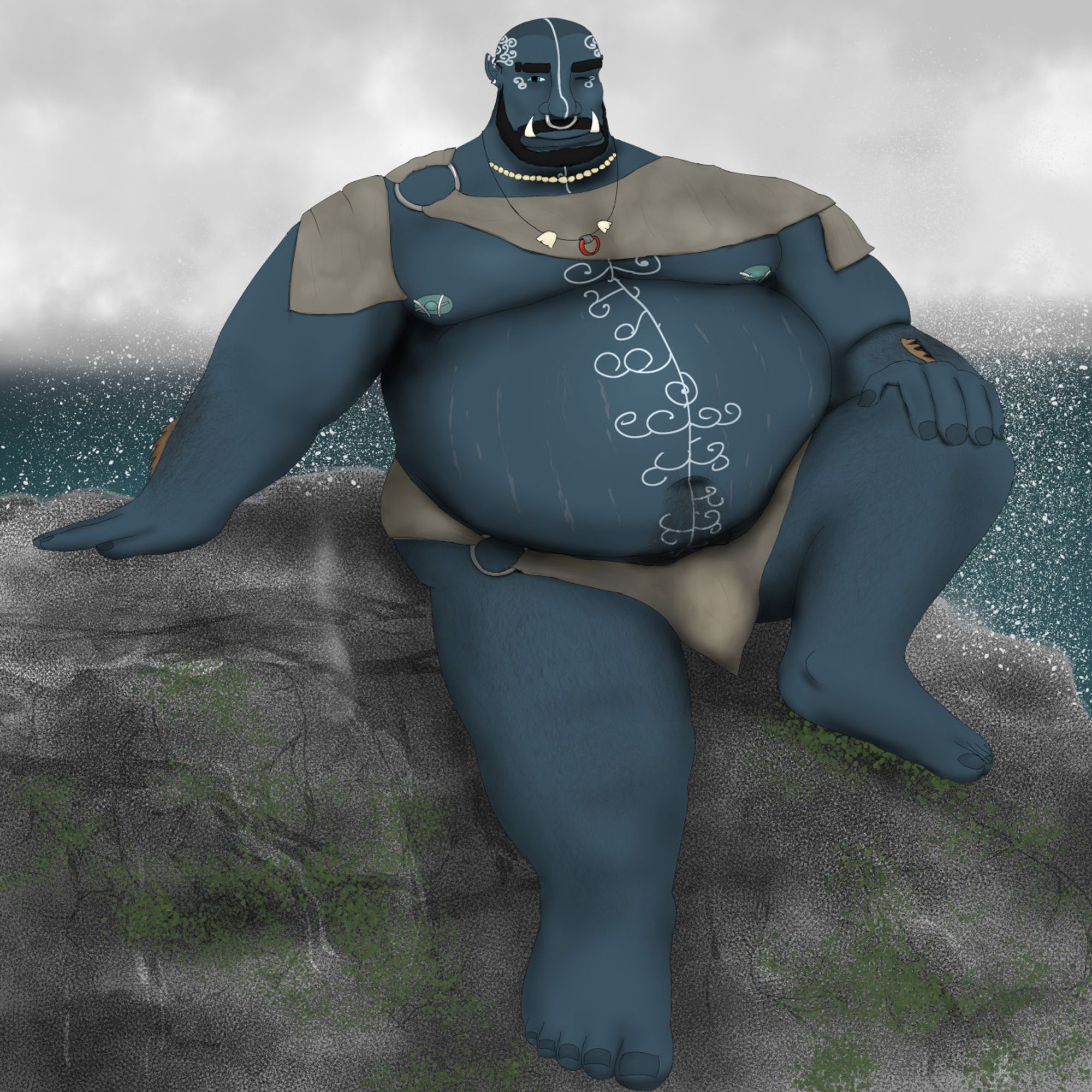 A fat blue orc sittibg on a rock near the sea. He wears only a scarf and a loincloth