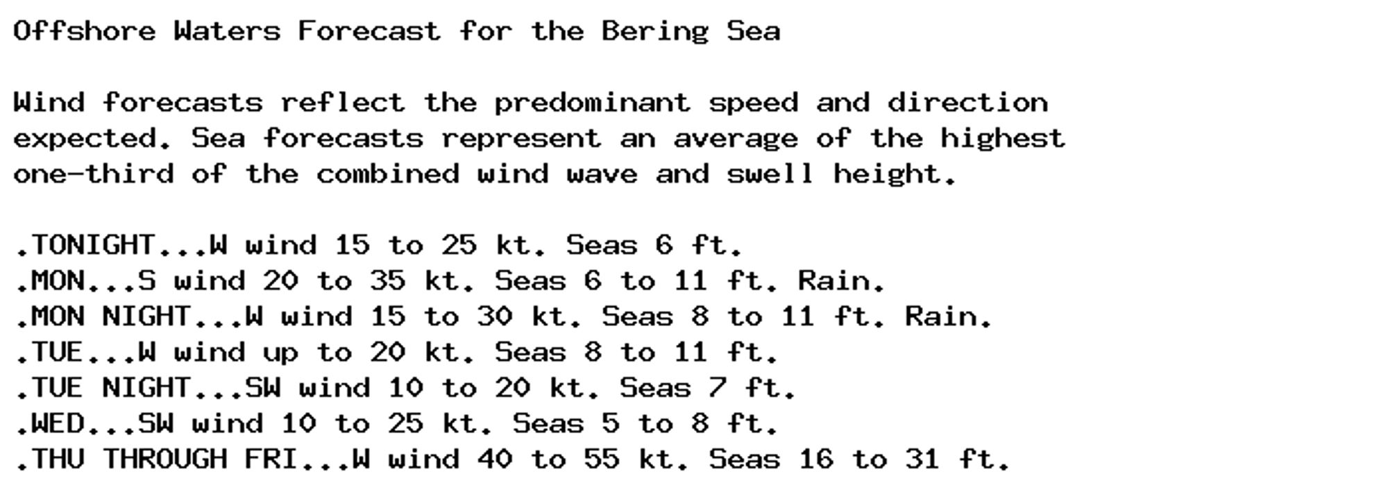 Offshore Waters Forecast for the Bering Sea

Wind forecasts reflect the predominant speed and direction
expected. Sea forecasts represent an average of the highest
one-third of the combined wind wave and swell height.

.TONIGHT...W wind 15 to 25 kt. Seas 6 ft.
.MON...S wind 20 to 35 kt. Seas 6 to 11 ft. Rain.
.MON NIGHT...W wind 15 to 30 kt. Seas 8 to 11 ft. Rain.
.TUE...W wind up to 20 kt. Seas 8 to 11 ft.
.TUE NIGHT...SW wind 10 to 20 kt. Seas 7 ft.
.WED...SW wind 10 to 25 kt. Seas 5 to 8 ft.
.THU THROUGH FRI...W wind 40 to 55 kt. Seas 16 to 31 ft.