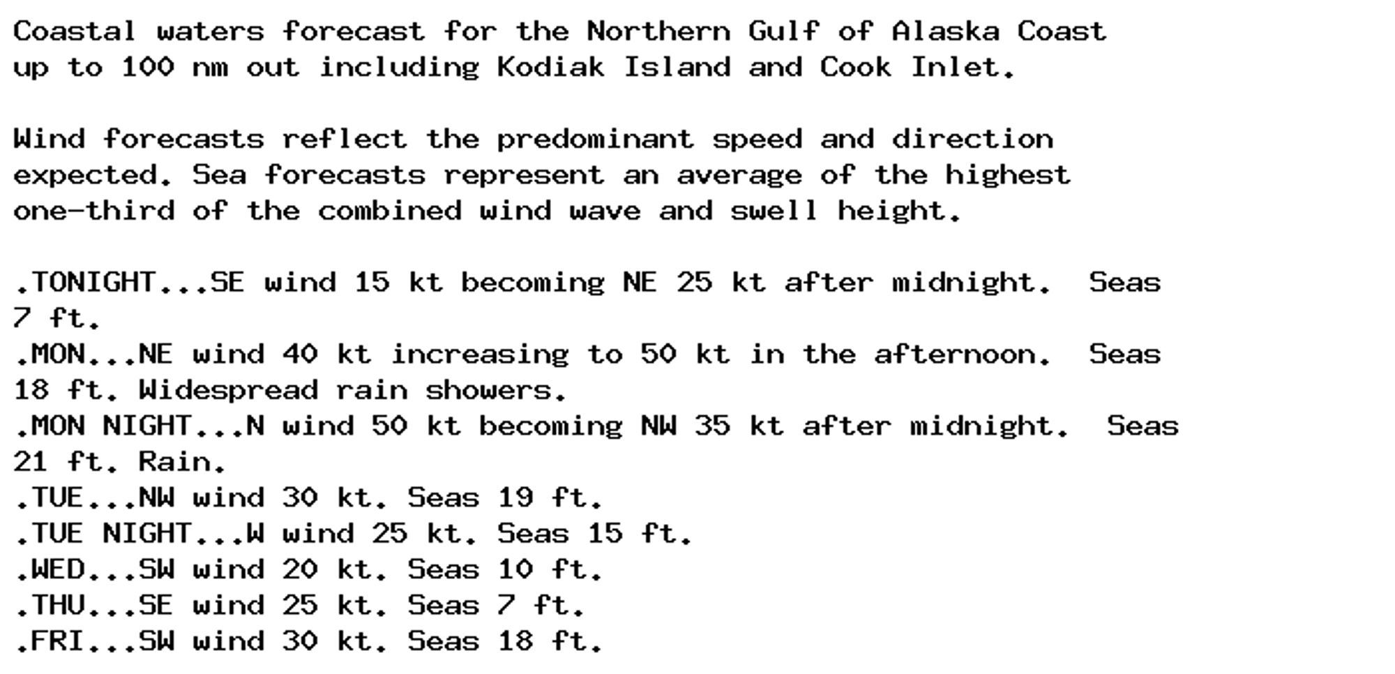 Coastal waters forecast for the Northern Gulf of Alaska Coast
up to 100 nm out including Kodiak Island and Cook Inlet.

Wind forecasts reflect the predominant speed and direction
expected. Sea forecasts represent an average of the highest
one-third of the combined wind wave and swell height.

.TONIGHT...SE wind 15 kt becoming NE 25 kt after midnight.  Seas
7 ft.
.MON...NE wind 40 kt increasing to 50 kt in the afternoon.  Seas
18 ft. Widespread rain showers.
.MON NIGHT...N wind 50 kt becoming NW 35 kt after midnight.  Seas
21 ft. Rain.
.TUE...NW wind 30 kt. Seas 19 ft.
.TUE NIGHT...W wind 25 kt. Seas 15 ft.
.WED...SW wind 20 kt. Seas 10 ft.
.THU...SE wind 25 kt. Seas 7 ft.
.FRI...SW wind 30 kt. Seas 18 ft.