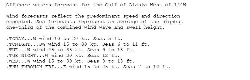 Offshore waters forecast for the Gulf of Alaska West of 144W

Wind forecasts reflect the predominant speed and direction
expected. Sea forecasts represent an average of the highest
one-third of the combined wind wave and swell height.

.TODAY...W wind 10 to 20 kt. Seas 5 ft.
.TONIGHT...SW wind 15 to 30 kt. Seas 6 to 11 ft.
.TUE...W wind 25 to 35 kt. Seas 9 to 13 ft.
.TUE NIGHT...W wind 30 kt. Seas 12 ft.
.WED...W wind 15 to 30 kt. Seas 8 to 13 ft.
.THU THROUGH FRI...E wind 15 to 25 kt. Seas 7 to 12 ft.