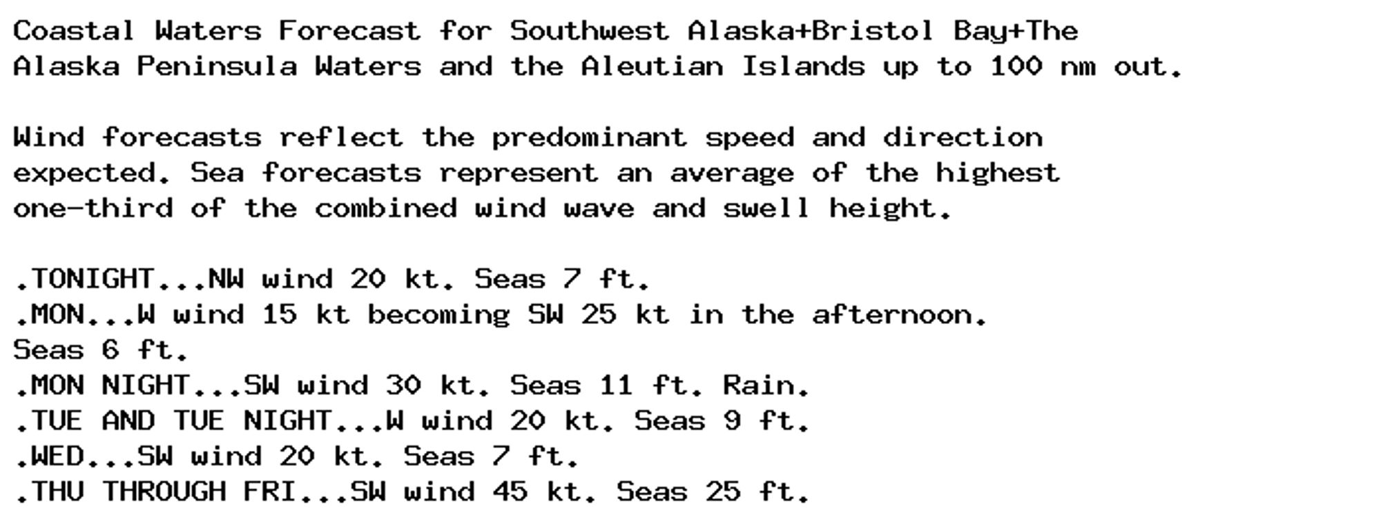 Coastal Waters Forecast for Southwest Alaska+Bristol Bay+The
Alaska Peninsula Waters and the Aleutian Islands up to 100 nm out.

Wind forecasts reflect the predominant speed and direction
expected. Sea forecasts represent an average of the highest
one-third of the combined wind wave and swell height.

.TONIGHT...NW wind 20 kt. Seas 7 ft.
.MON...W wind 15 kt becoming SW 25 kt in the afternoon.
Seas 6 ft.
.MON NIGHT...SW wind 30 kt. Seas 11 ft. Rain.
.TUE AND TUE NIGHT...W wind 20 kt. Seas 9 ft.
.WED...SW wind 20 kt. Seas 7 ft.
.THU THROUGH FRI...SW wind 45 kt. Seas 25 ft.