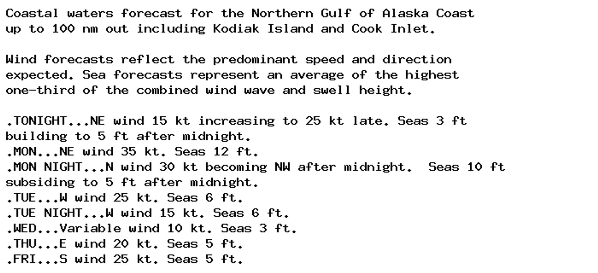 Coastal waters forecast for the Northern Gulf of Alaska Coast
up to 100 nm out including Kodiak Island and Cook Inlet.

Wind forecasts reflect the predominant speed and direction
expected. Sea forecasts represent an average of the highest
one-third of the combined wind wave and swell height.

.TONIGHT...NE wind 15 kt increasing to 25 kt late. Seas 3 ft
building to 5 ft after midnight.
.MON...NE wind 35 kt. Seas 12 ft.
.MON NIGHT...N wind 30 kt becoming NW after midnight.  Seas 10 ft
subsiding to 5 ft after midnight.
.TUE...W wind 25 kt. Seas 6 ft.
.TUE NIGHT...W wind 15 kt. Seas 6 ft.
.WED...Variable wind 10 kt. Seas 3 ft.
.THU...E wind 20 kt. Seas 5 ft.
.FRI...S wind 25 kt. Seas 5 ft.