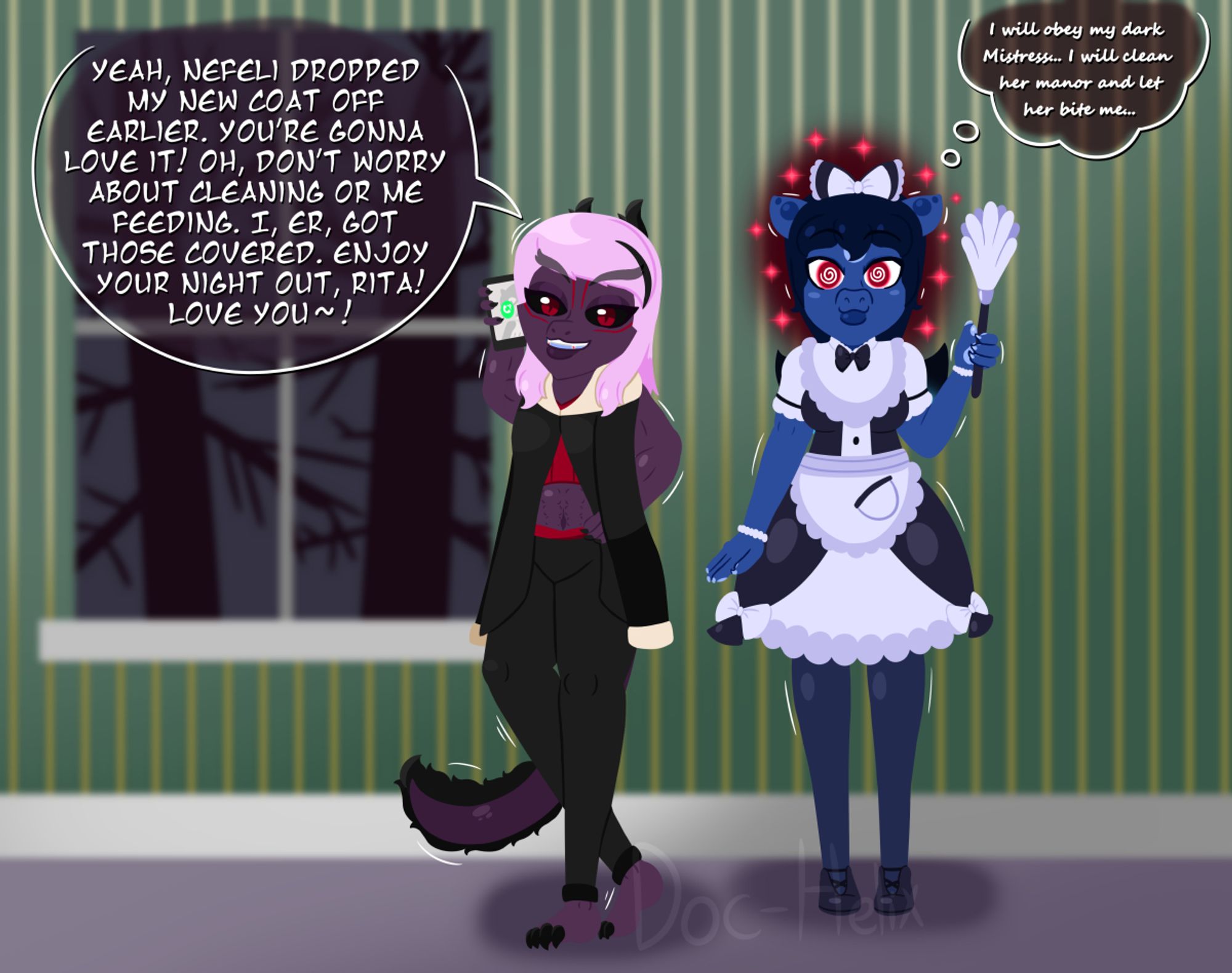 Kazue, a Japanese vampire dragon girl, calling her girlfriend alongside another dragon girl named Nefeli. Nefeli, however, has been hypnotized to be the vampiress's mindless maid and meal for tonight.