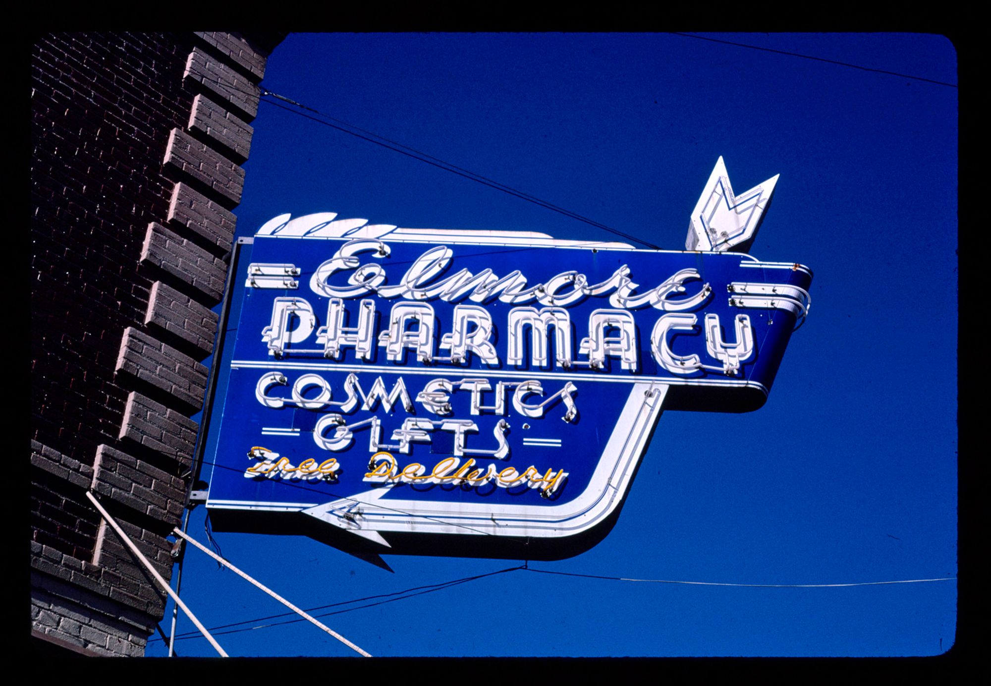 elmore pharmacy sign, walnut street, red bluff, california, 1987