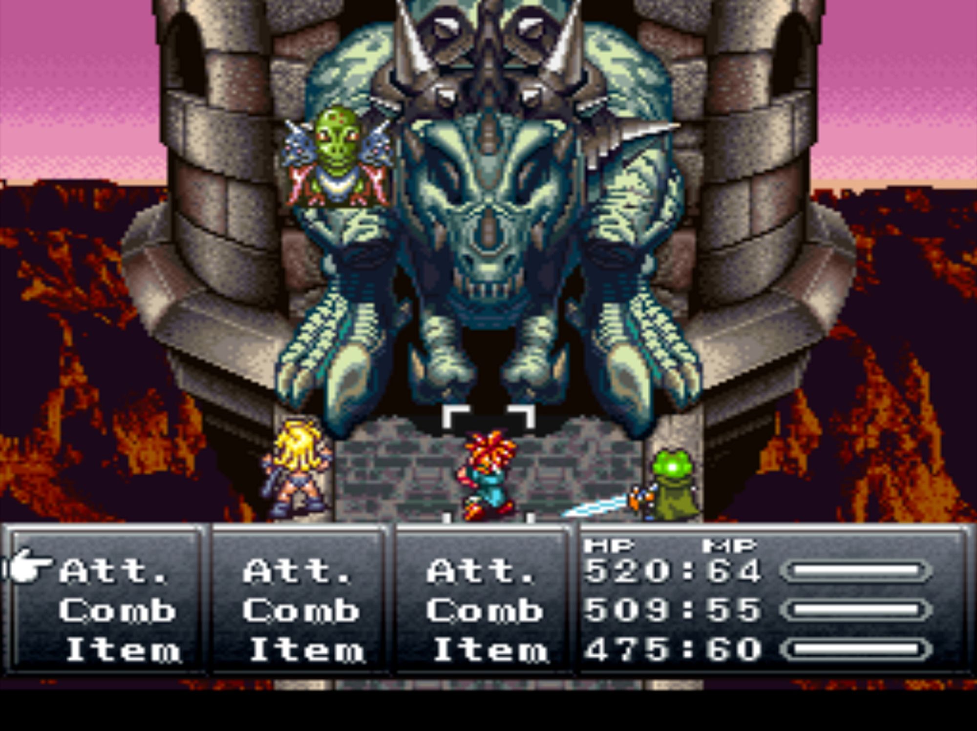 A screenshot from Chrono Trigger where the party is fighting a giant dinosaur with a lady dinosaur on its shoulder.