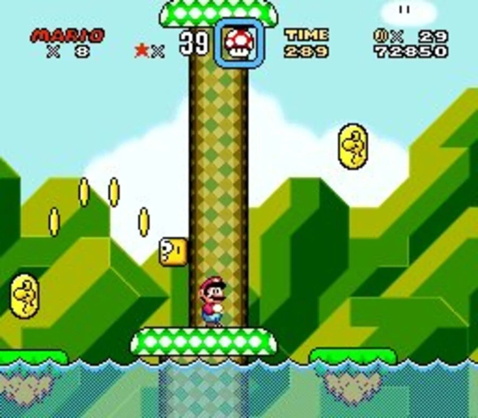 A screenshot of Super Mario World. I believe it is the third stage on Yoshi's Island.