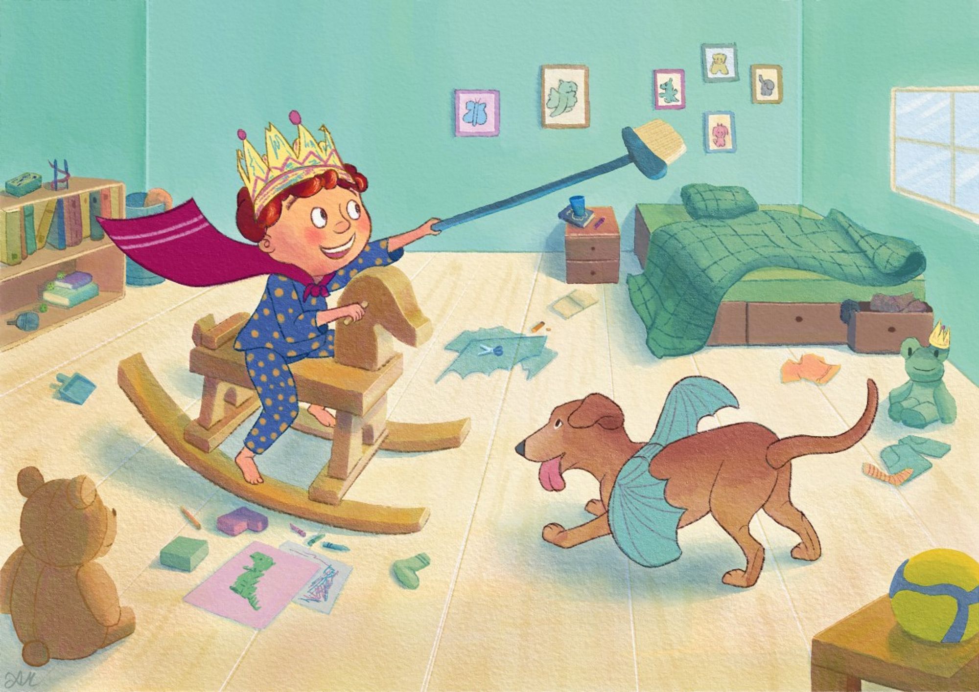 Colored illustration of a little boy where he is playing pretend with his dog. The boy is playing on a riding horse and the dog pretends to be a dragon with paper wings created by the boy.